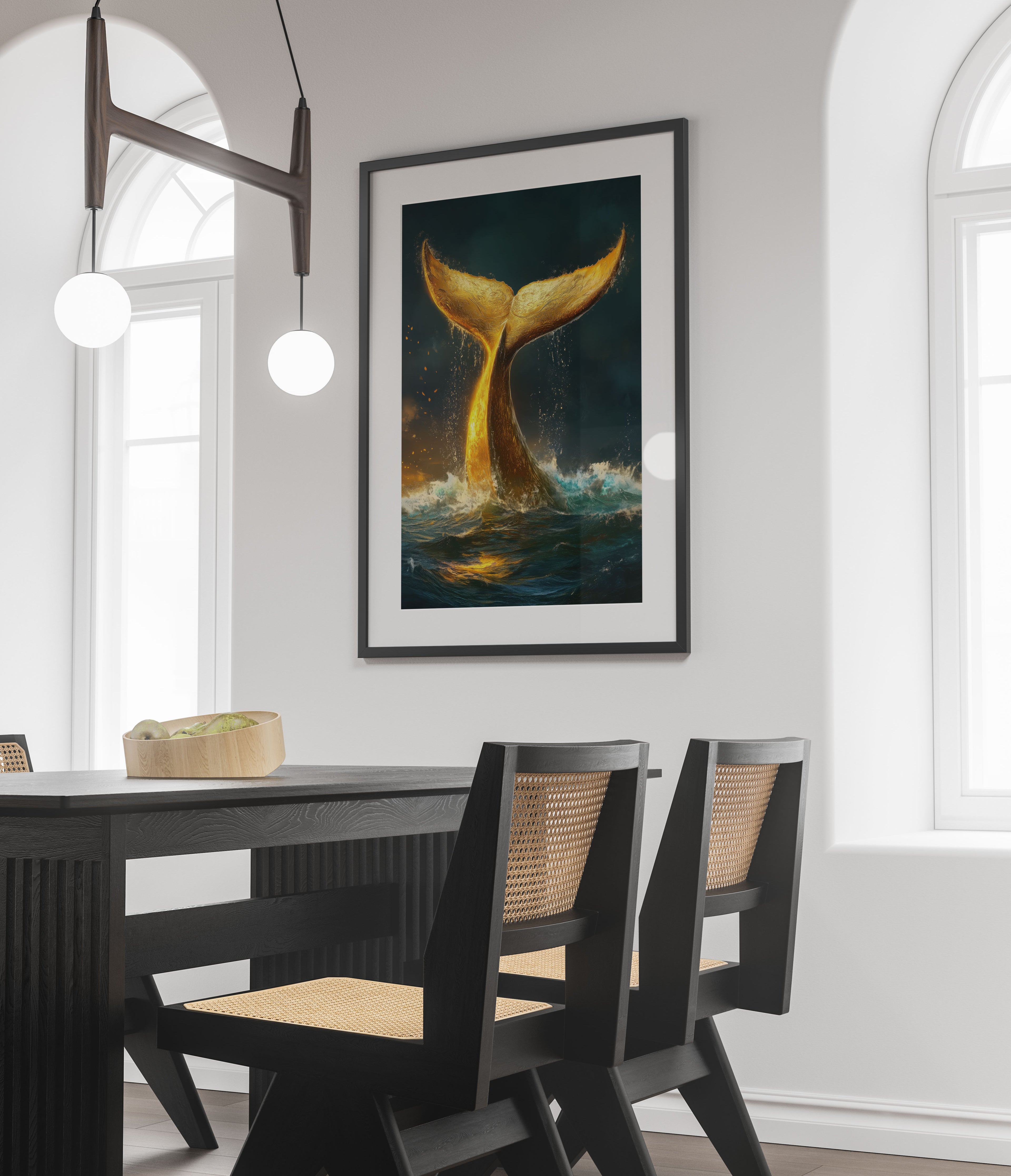 Dining room with a whale tail painting on the wall