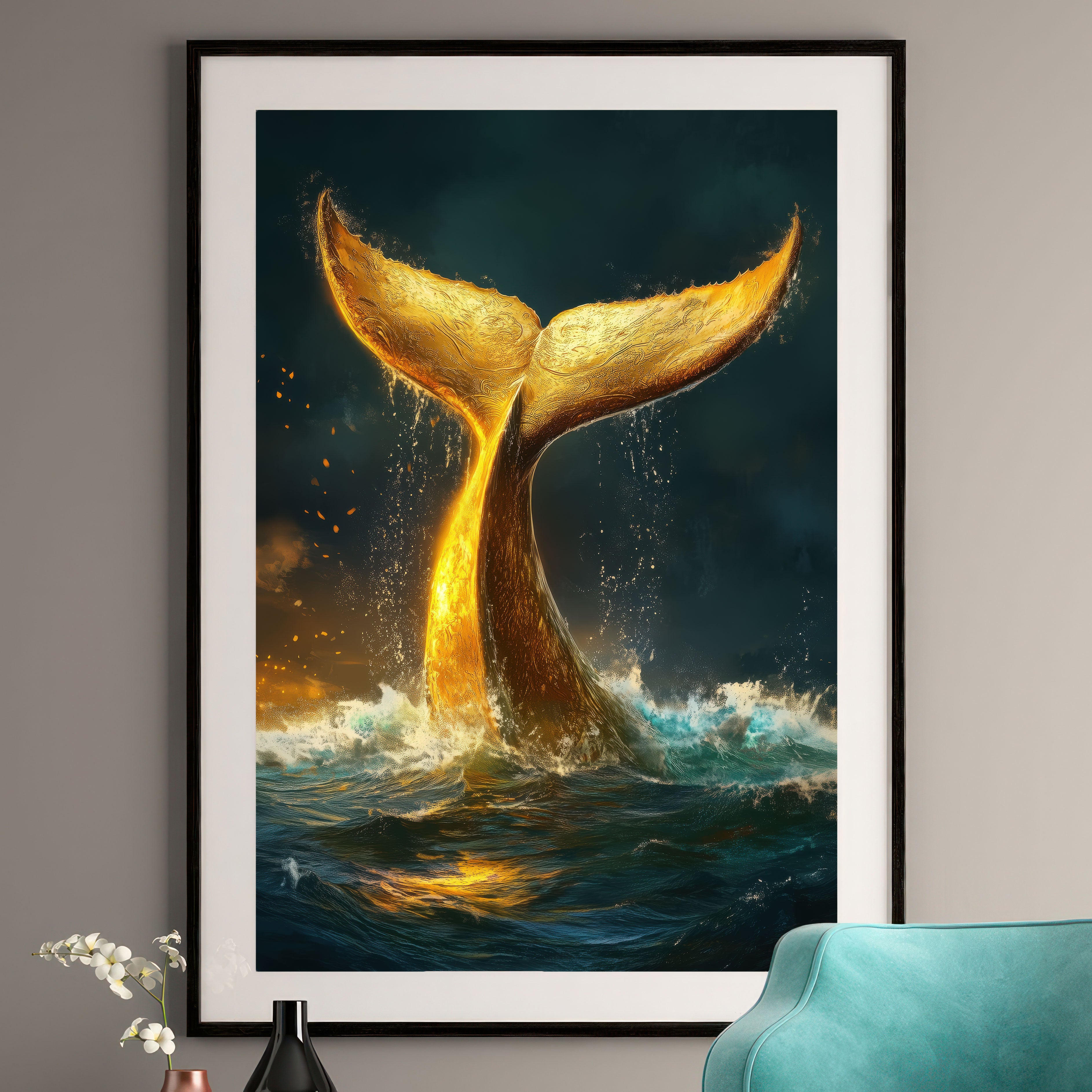Framed artwork of a golden whale tail emerging from water on a wall.