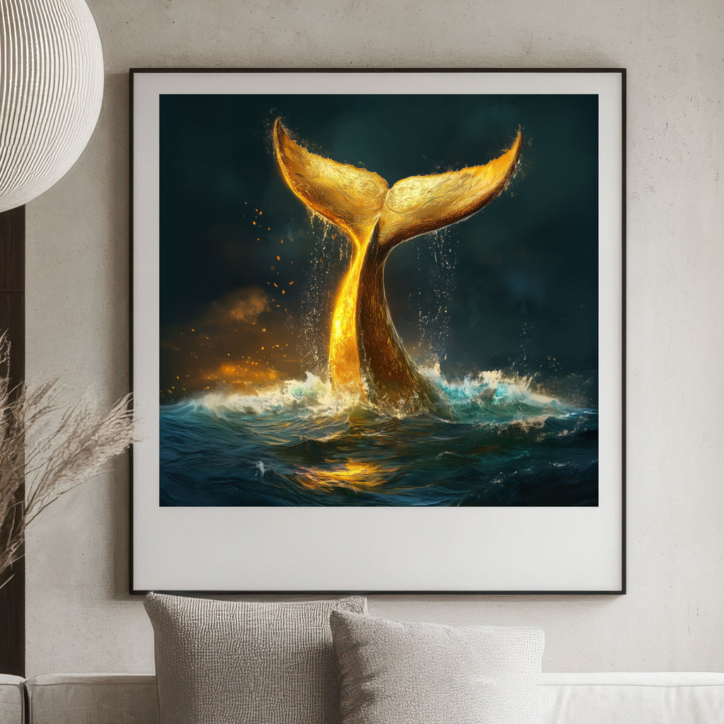 Framed artwork of a golden whale tail emerging from water on a wall above a sofa.