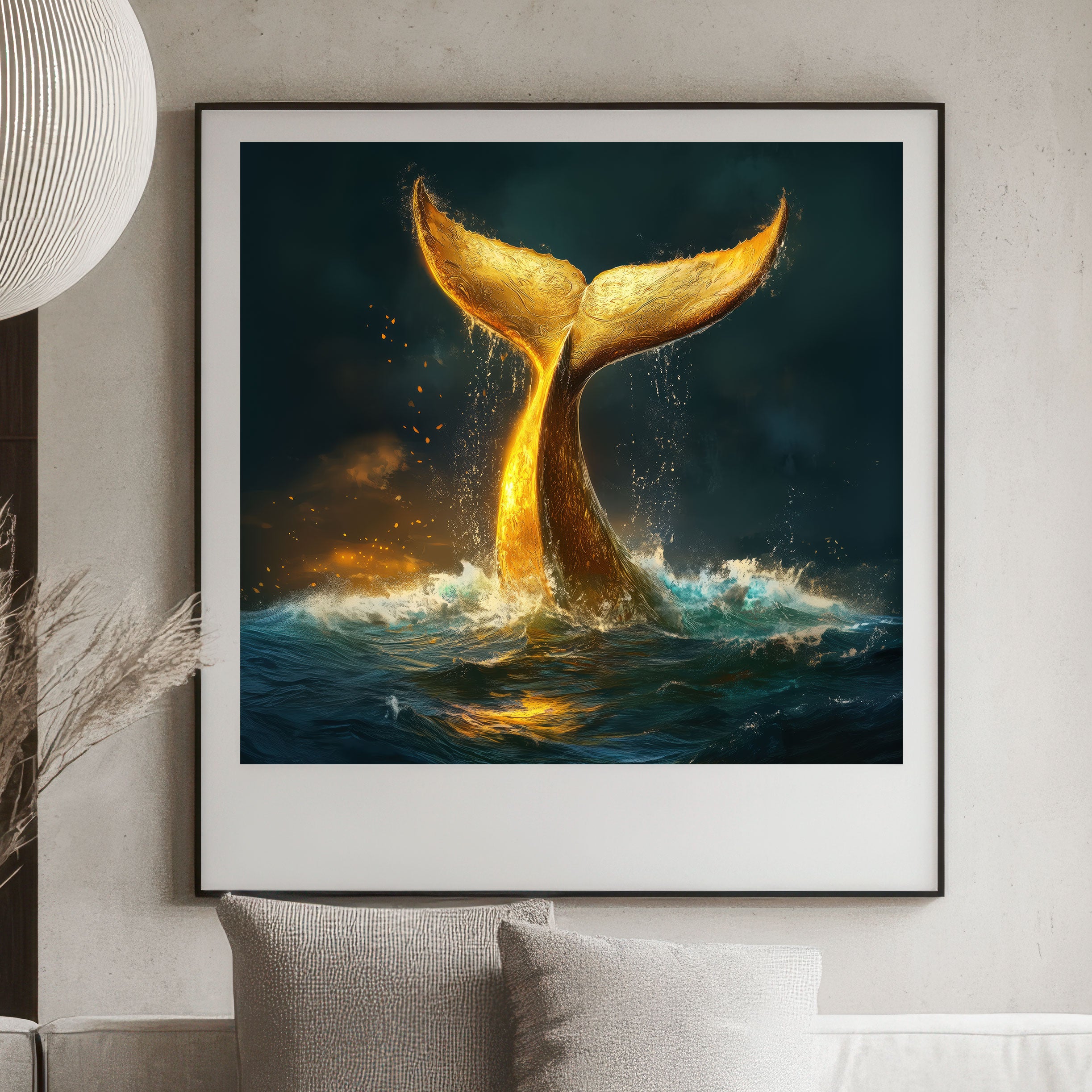 Framed artwork of a golden whale tail emerging from water on a wall above a sofa.