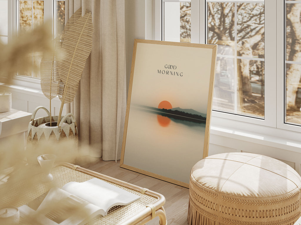 Good Morning Sunrise Art Print - Minimalist Typography Wall Art - Serene Lake Decor