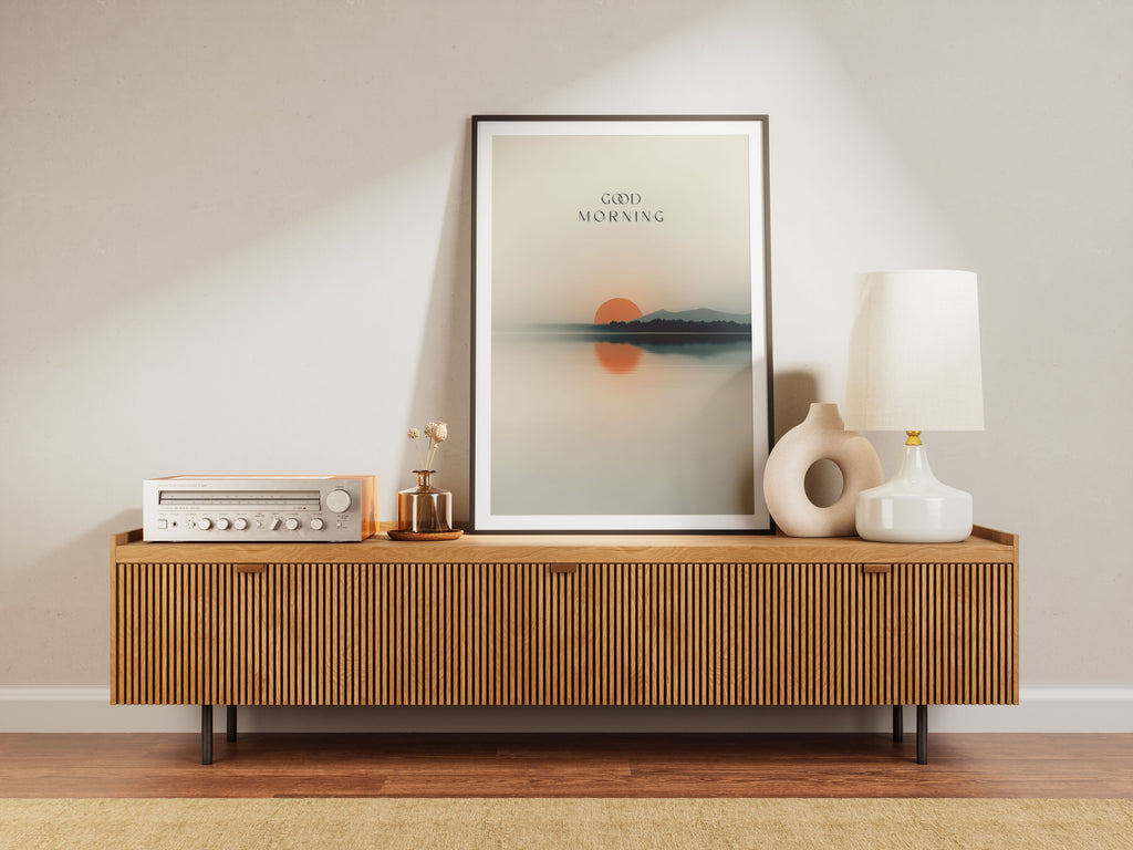 Good Morning Sunrise Art Print - Minimalist Typography Wall Art - Serene Lake Decor