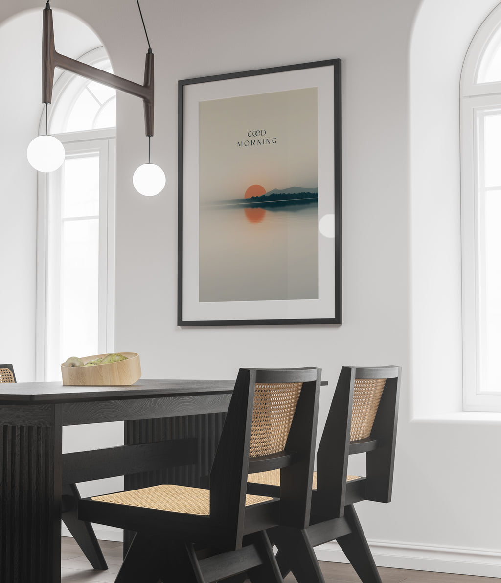 Good Morning Sunrise Art Print - Minimalist Typography Wall Art - Serene Lake Decor