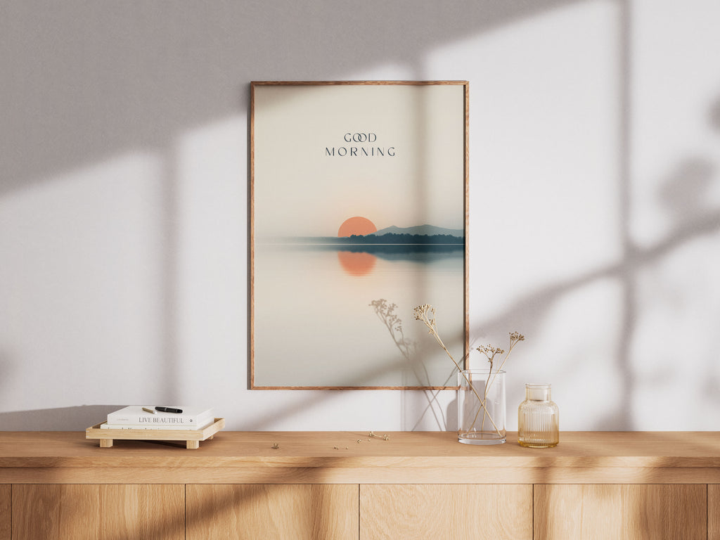 Good Morning Sunrise Art Print - Minimalist Typography Wall Art - Serene Lake Decor