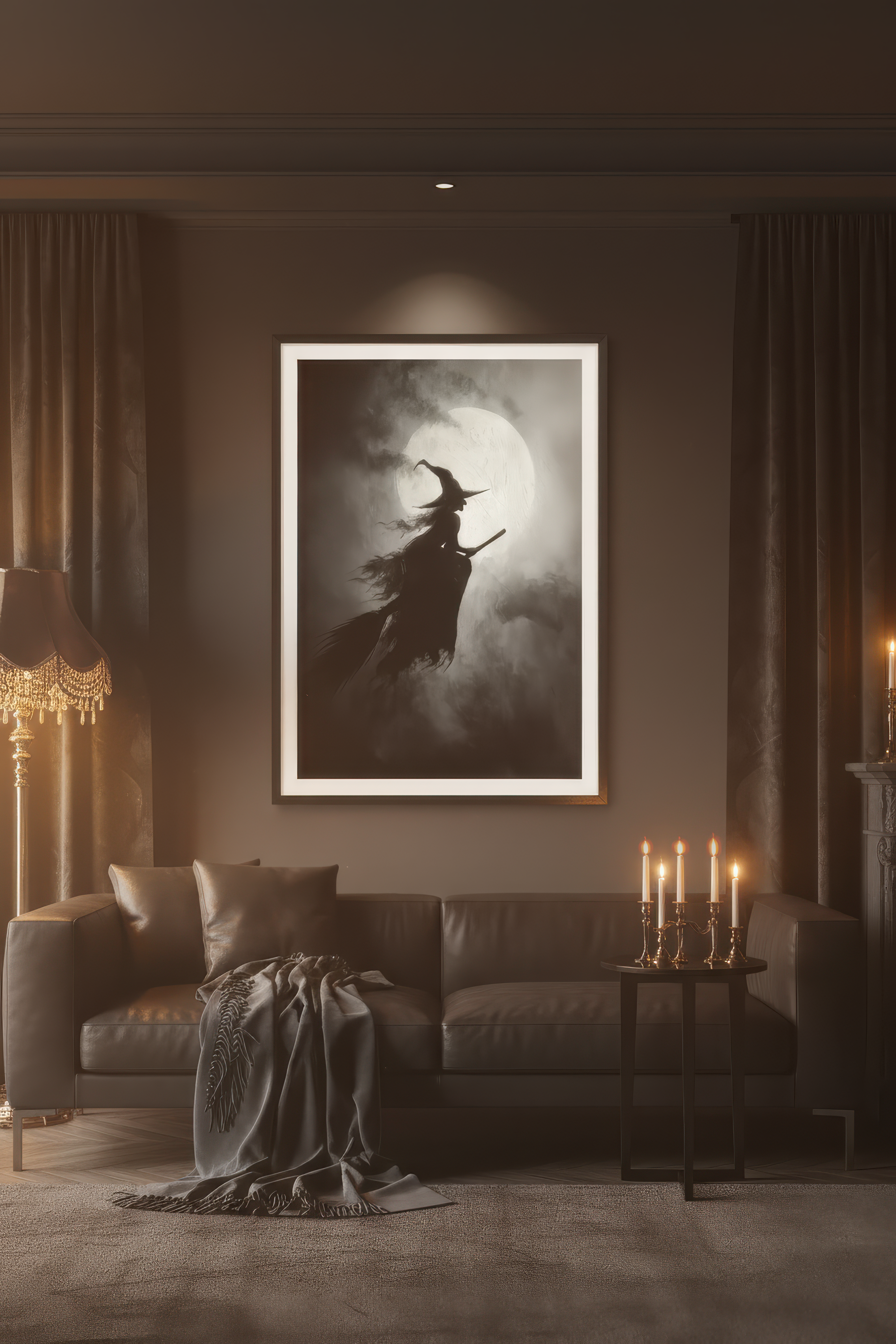 Flying Witch Art Print - Gothic Halloween Wall Art - Moody Full Moon Decor