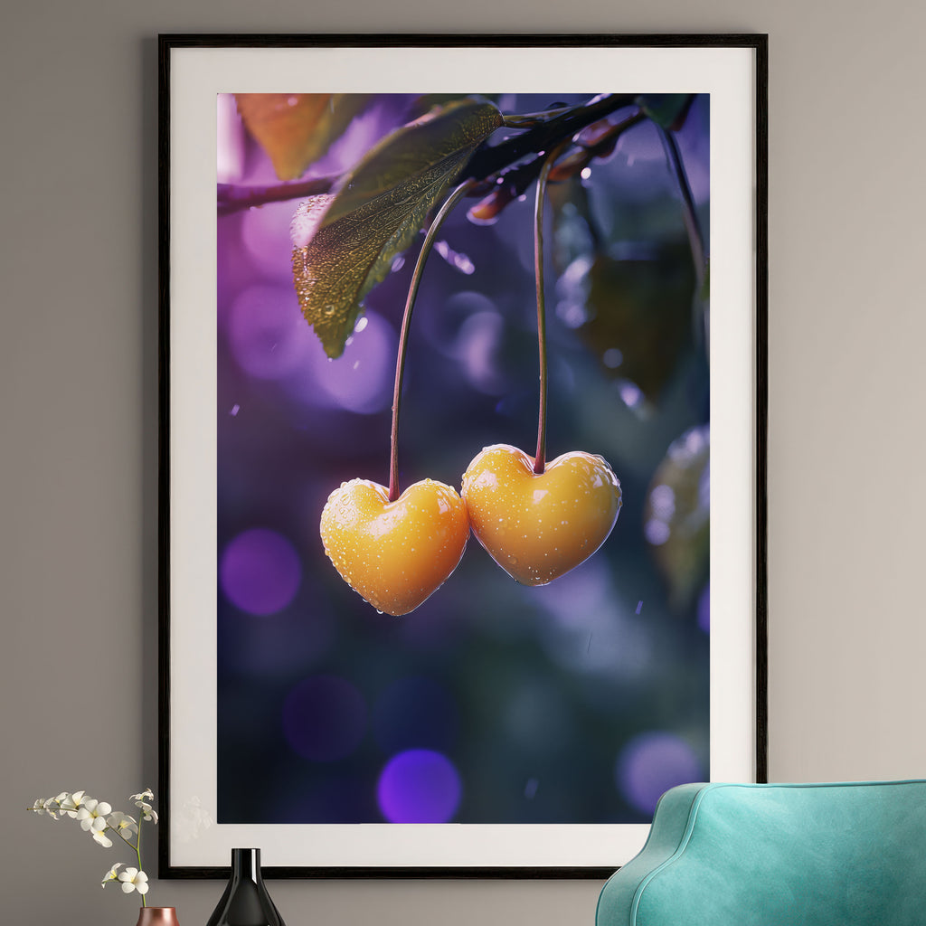 Golden Cherries Heart Art Print - Romantic Wall Art - Romantic Botanical Print