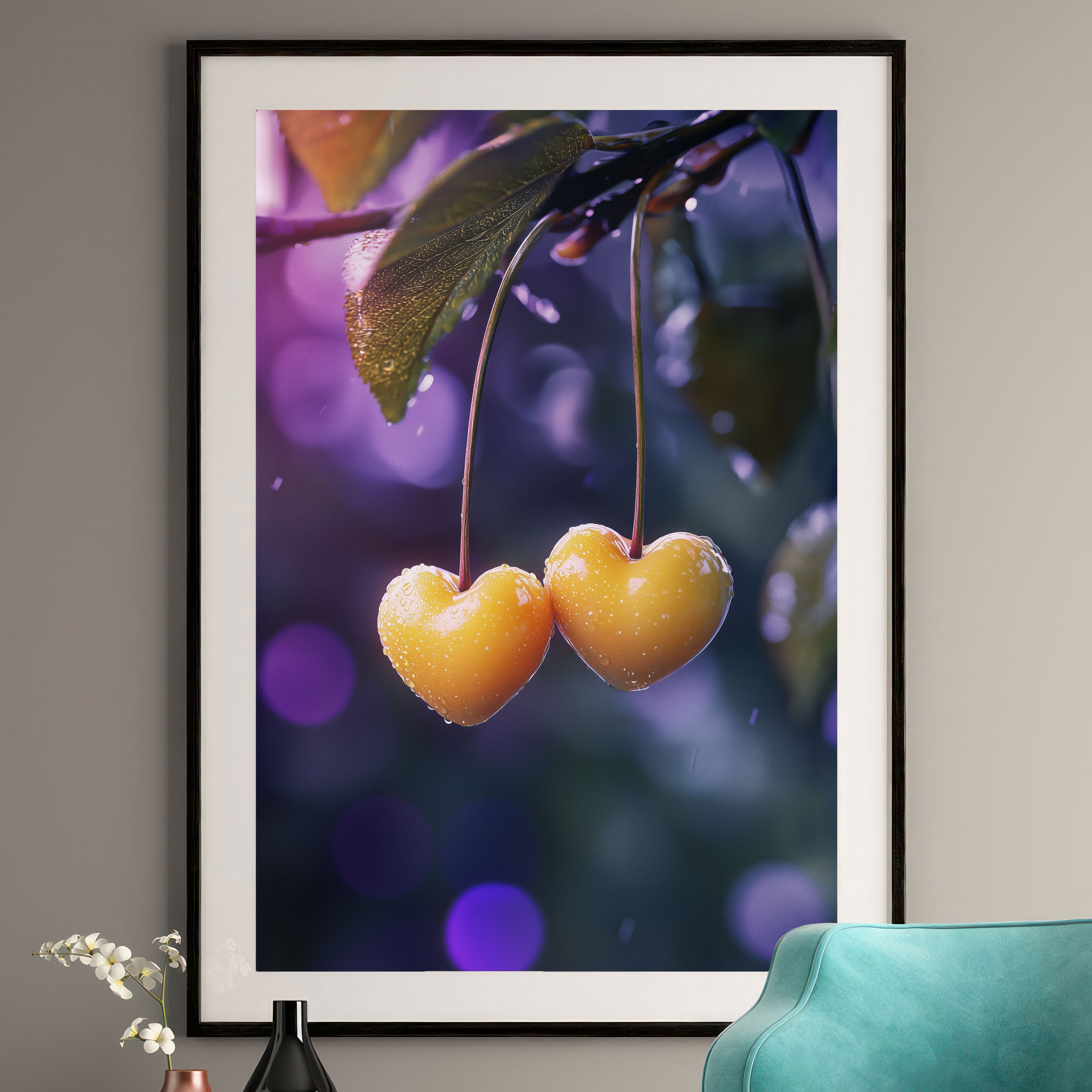 Golden Cherries Heart Art Print - Romantic Wall Art - Romantic Botanical Print