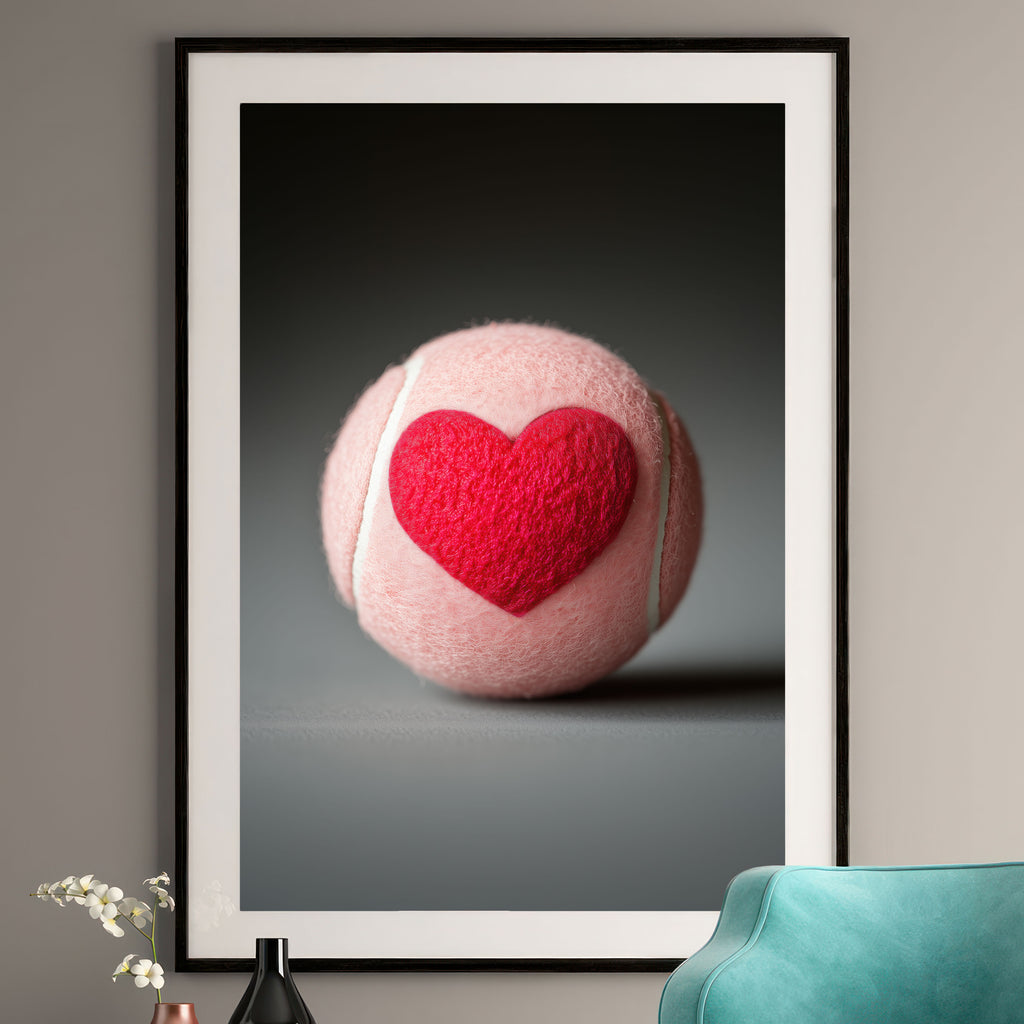 Tennis Love Art Print - Pink Ball & Red Heart Decor