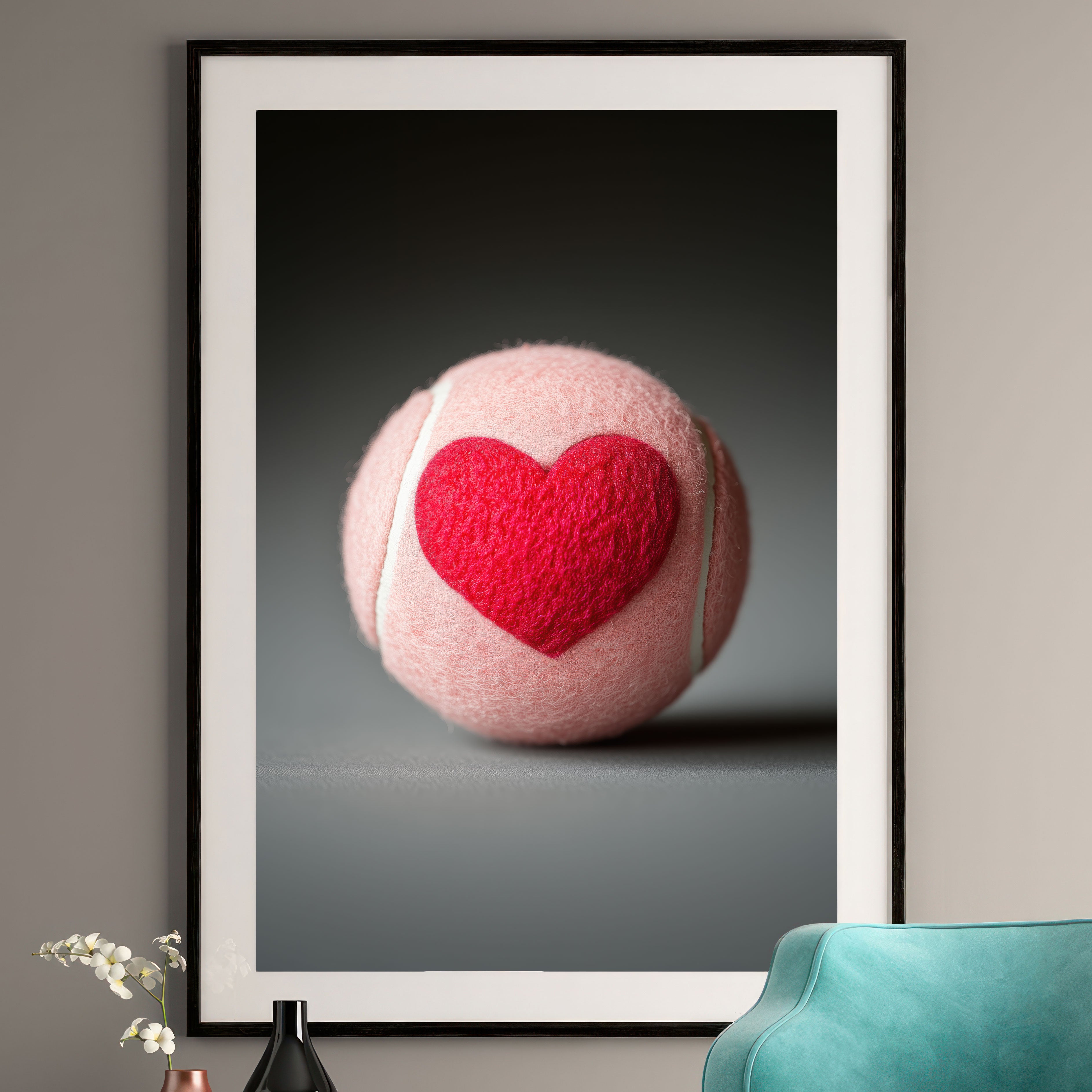 Tennis Love Art Print - Pink Ball & Red Heart Decor