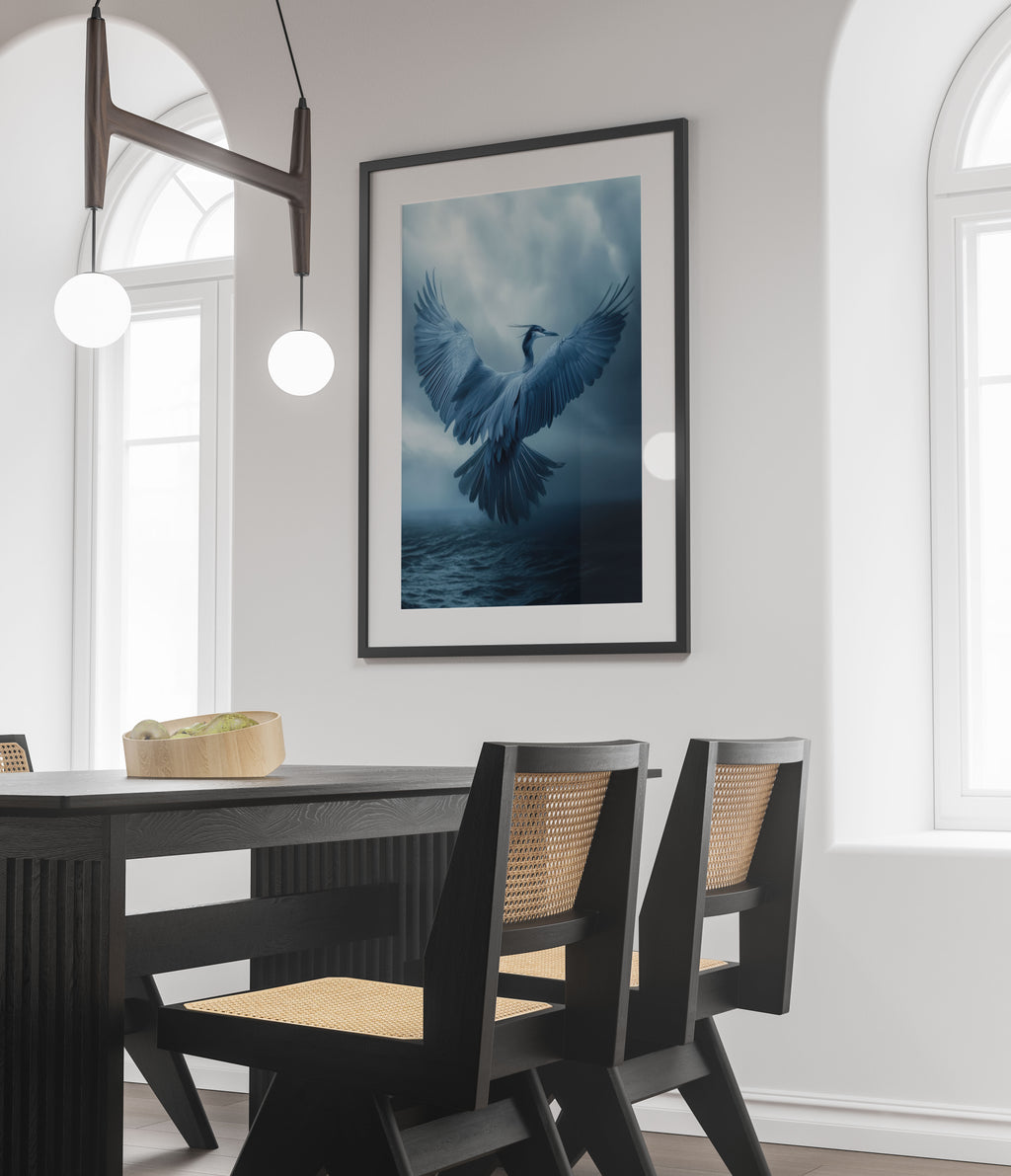Ethereal Blue Heron Art Print – Dramatic Bird in Flight – Nature Wall Decor