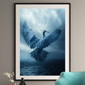 Ethereal Blue Heron Art Print – Dramatic Bird in Flight – Nature Wall Decor