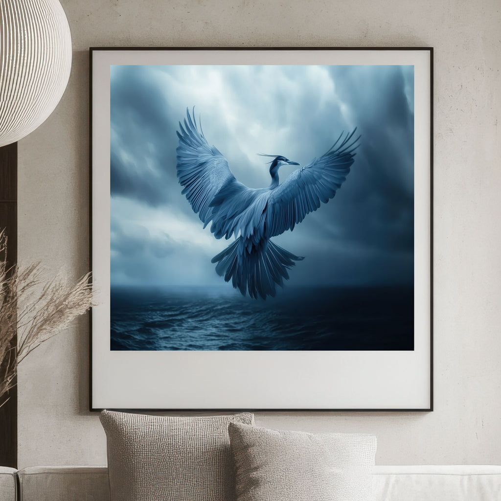 Ethereal Blue Heron Art Print – Dramatic Bird in Flight – Nature Wall Decor