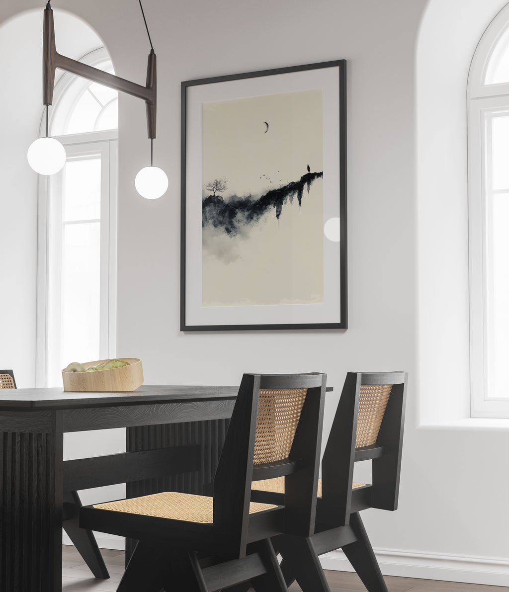 Minimalist Ink Wash Art Print – Monochrome Mountain Scene – Bare Tree & Crescent Moon