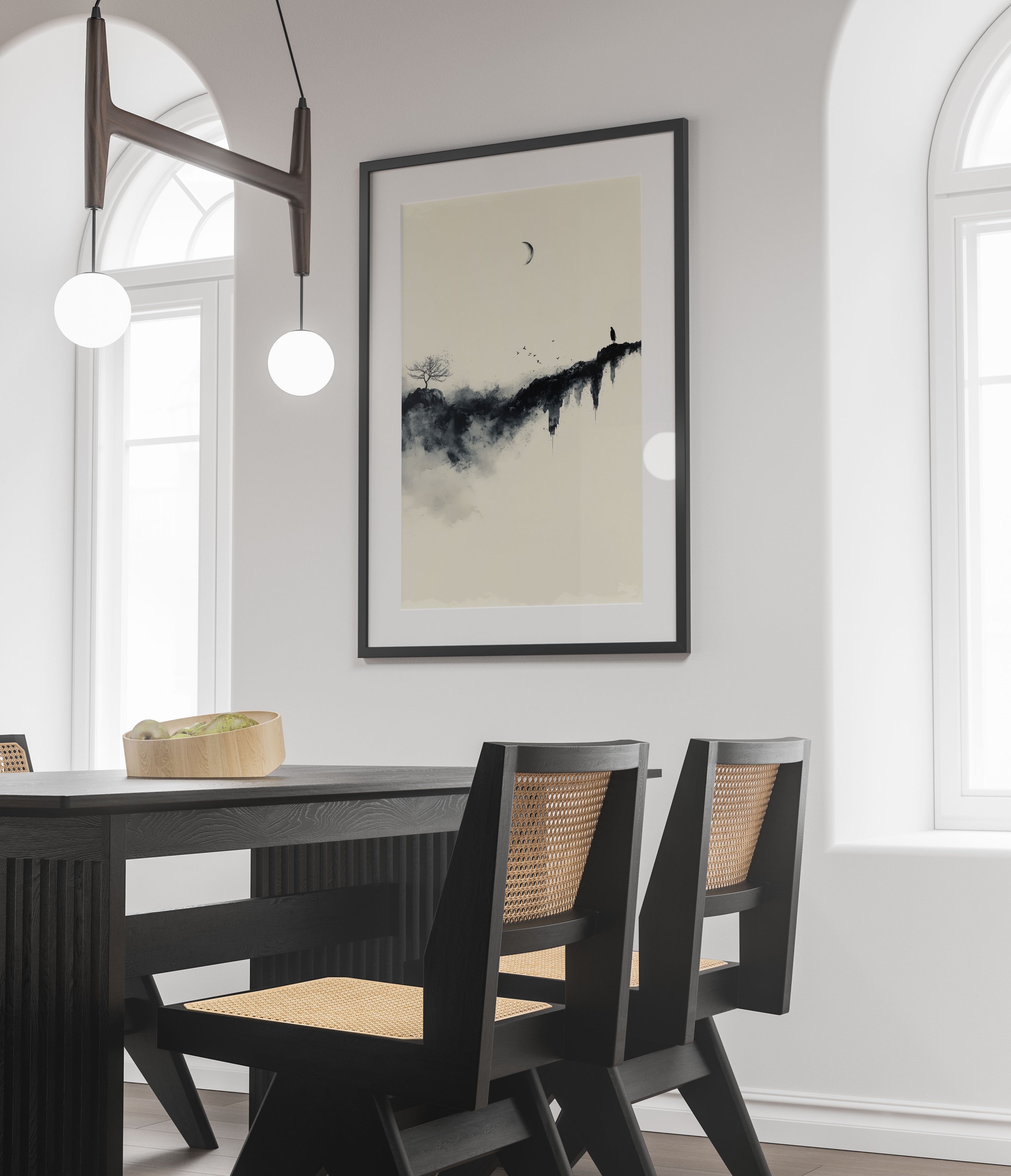 Minimalist Ink Wash Art Print – Monochrome Mountain Scene – Bare Tree & Crescent Moon