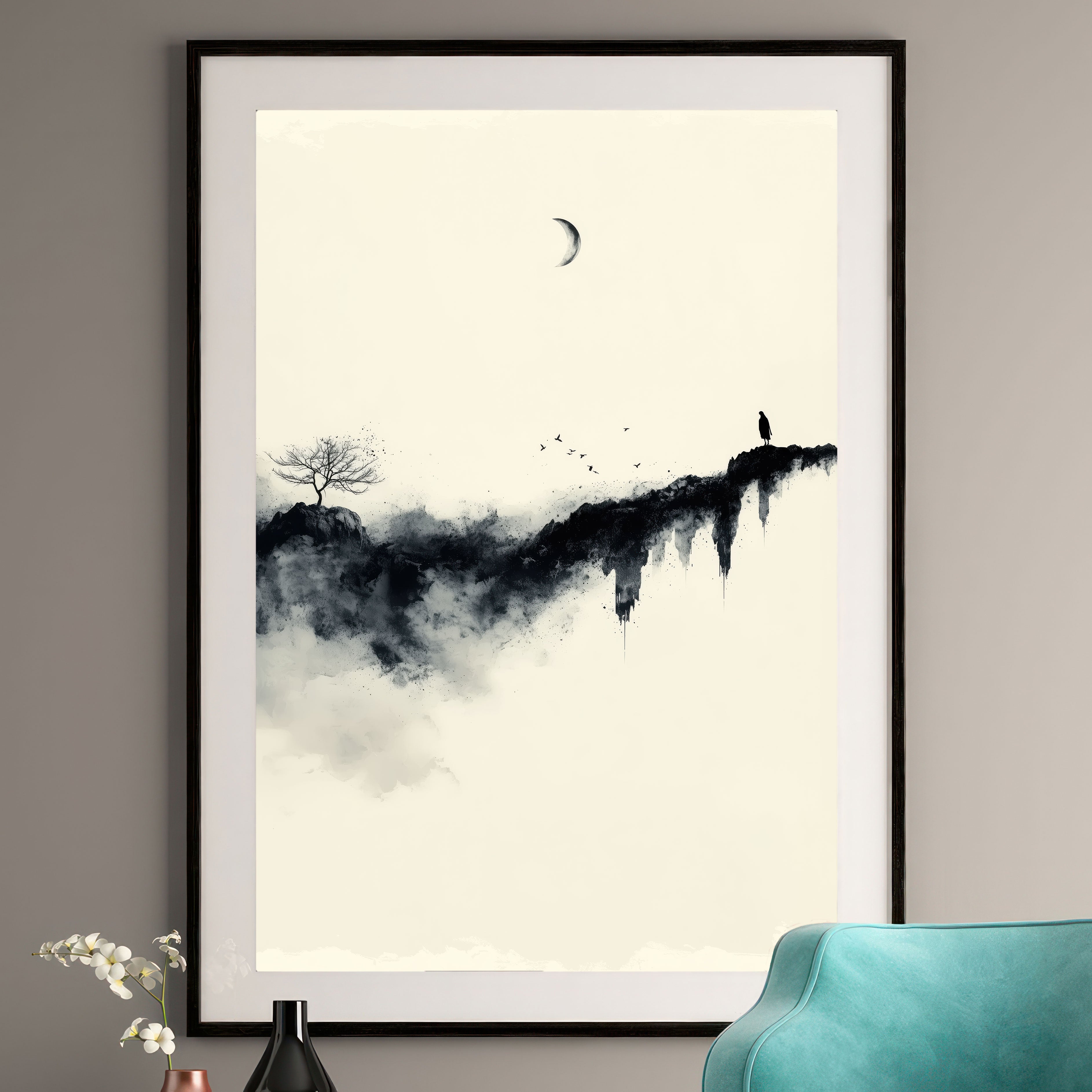 Minimalist Ink Wash Art Print – Monochrome Mountain Scene – Bare Tree & Crescent Moon