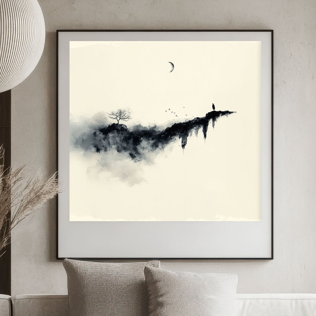 Minimalist Ink Wash Art Print – Monochrome Mountain Scene – Bare Tree & Crescent Moon