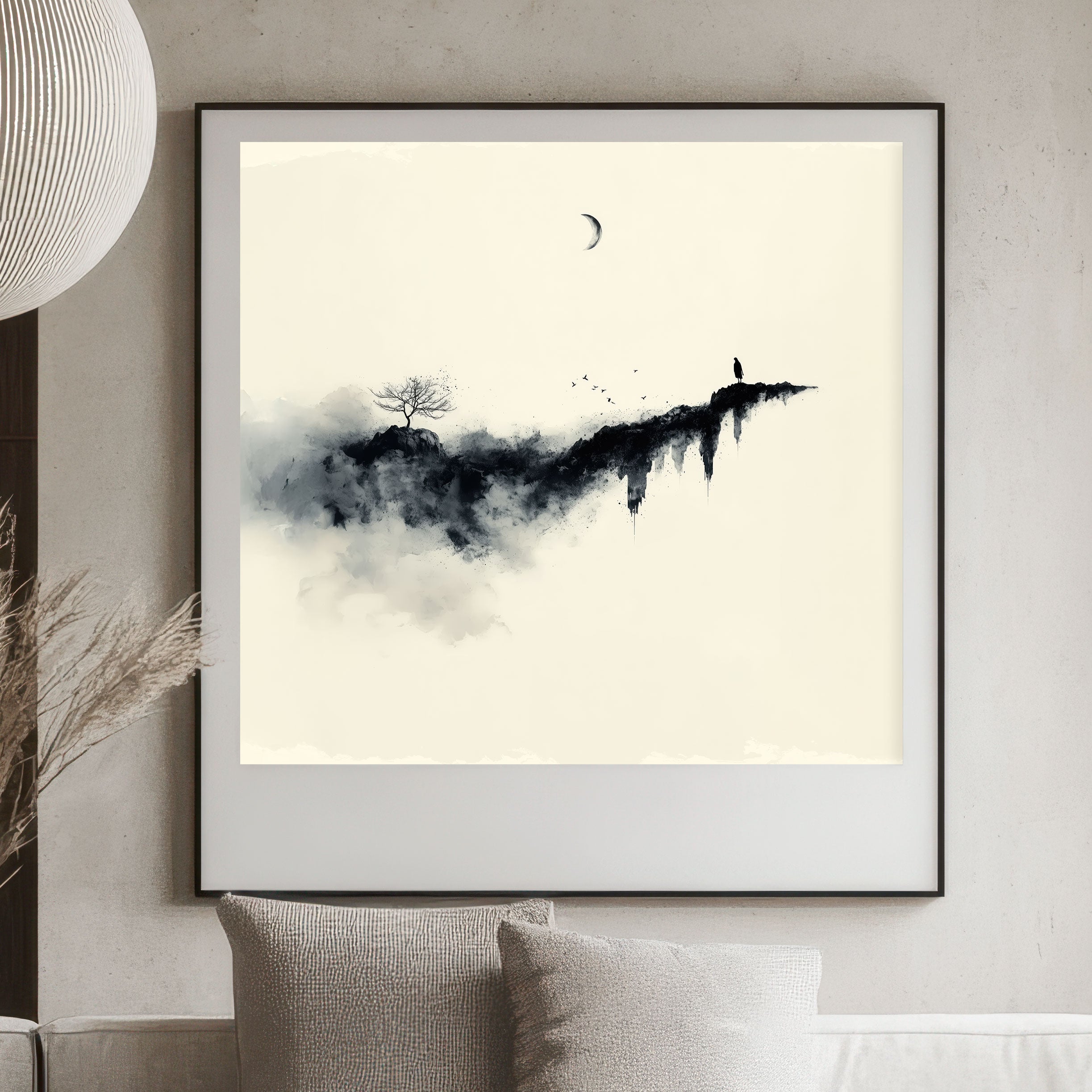 Minimalist Ink Wash Art Print – Monochrome Mountain Scene – Bare Tree & Crescent Moon