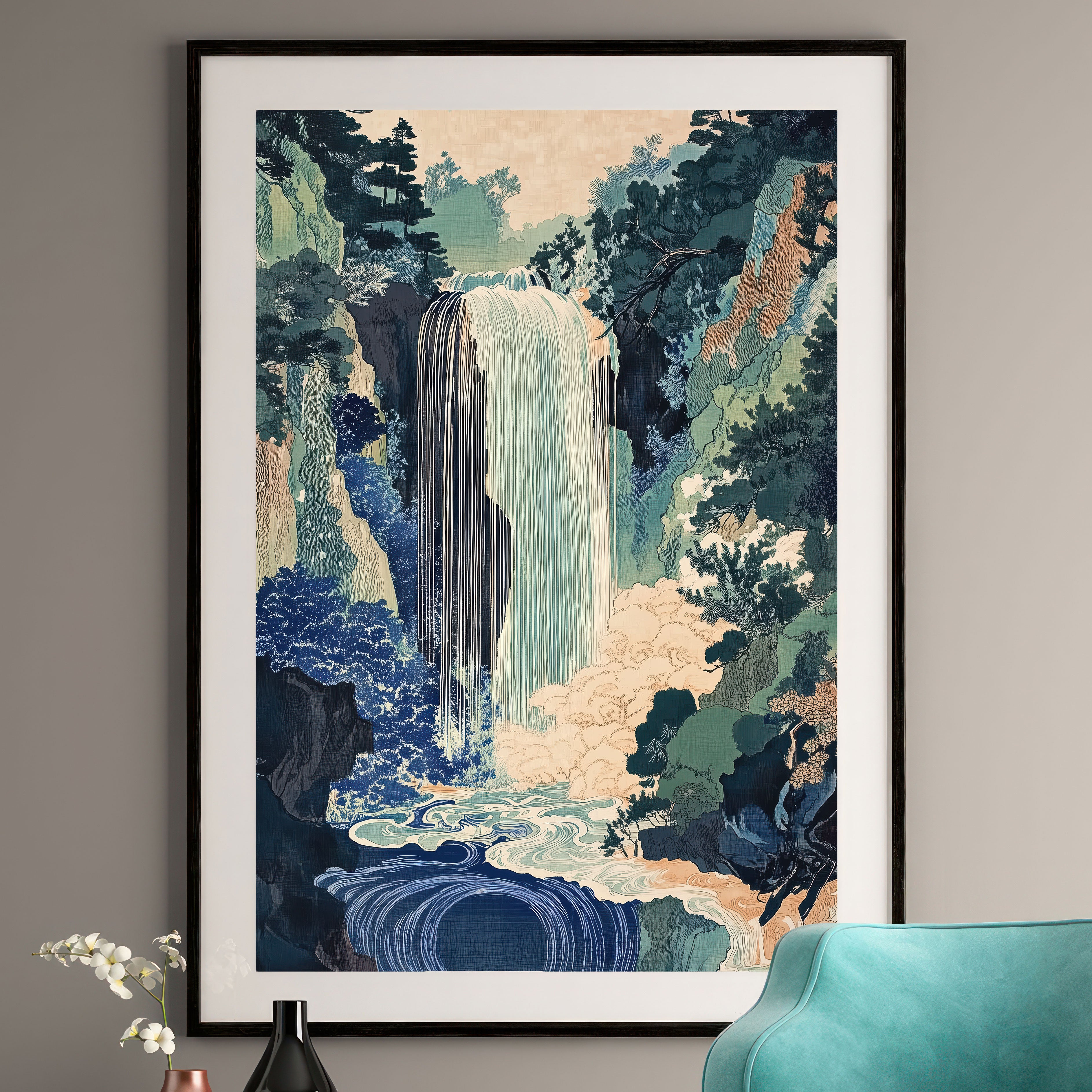 Hokusai Inspired Waterfall Print - Ukiyo-e Wall Art