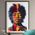 Framed artwork of a stylized portrait of Jimi Hendrix with colorful abstract design on a wall.