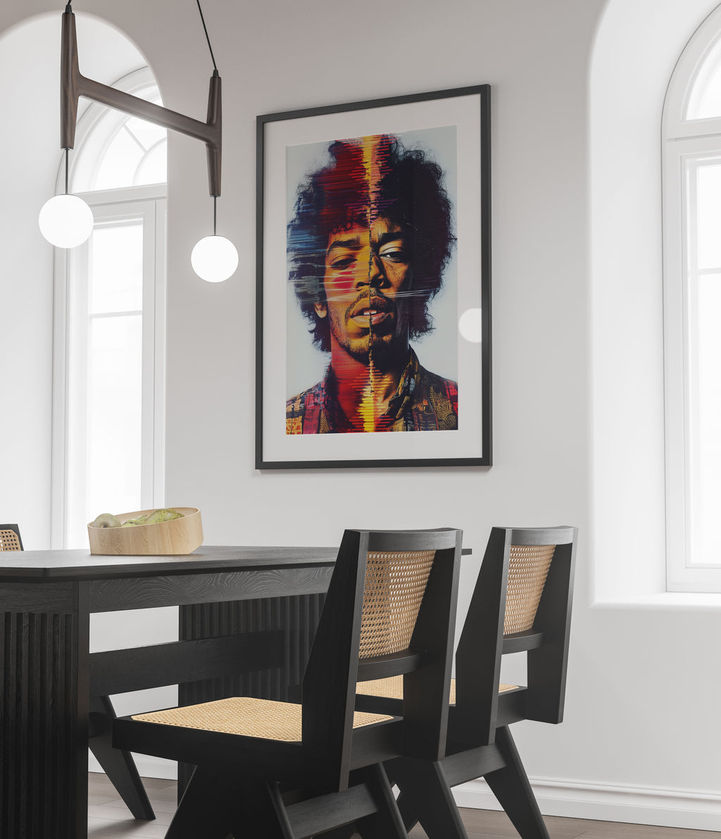 Dining room with a colorful portrait of Jimi Hendrix on the wall