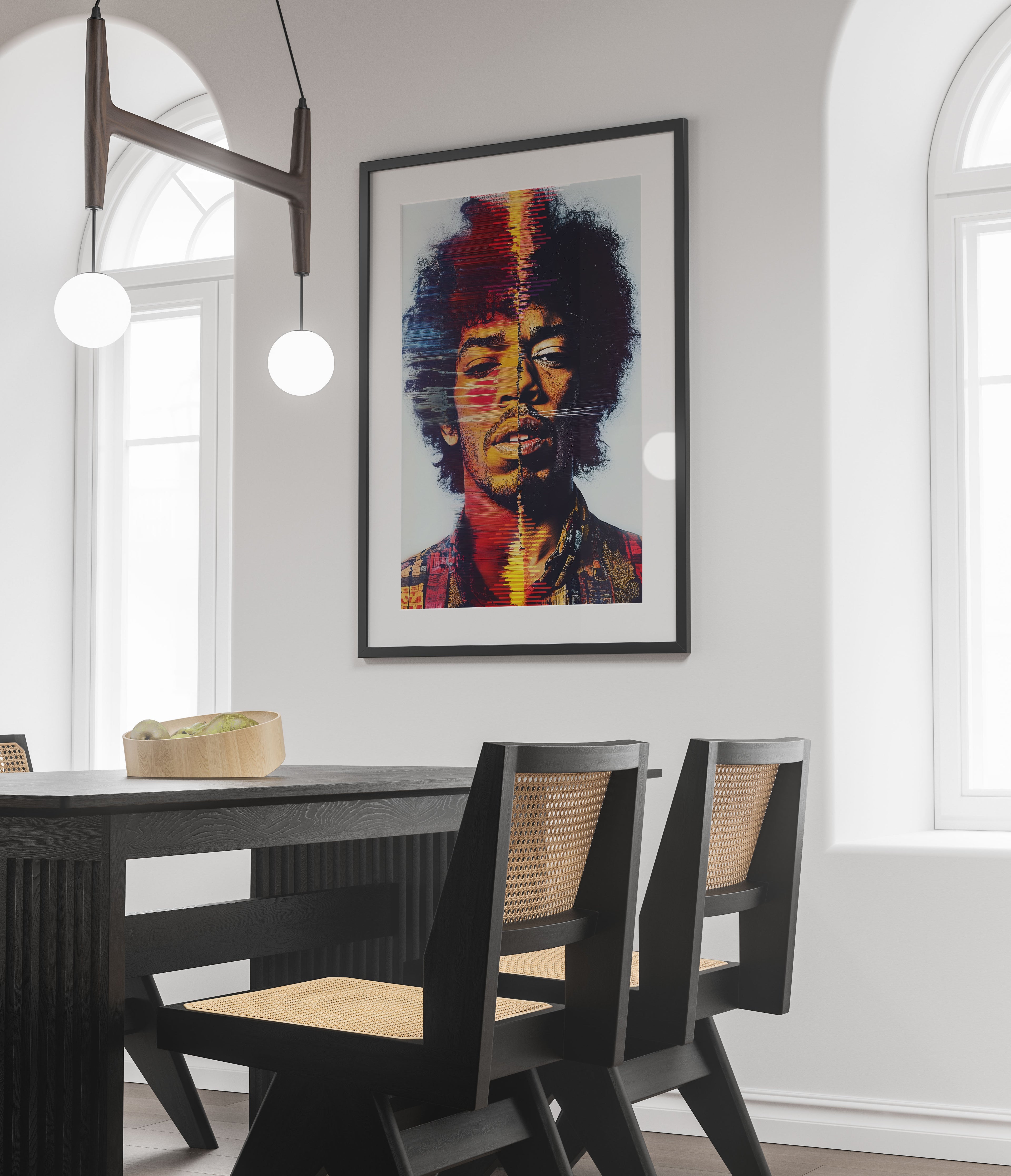 Dining room with a colorful portrait of Jimi Hendrix on the wall