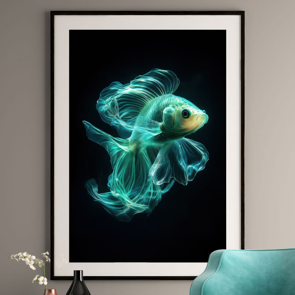 Ethereal Betta Fish Art Print - Glowing Turquoise Decor
