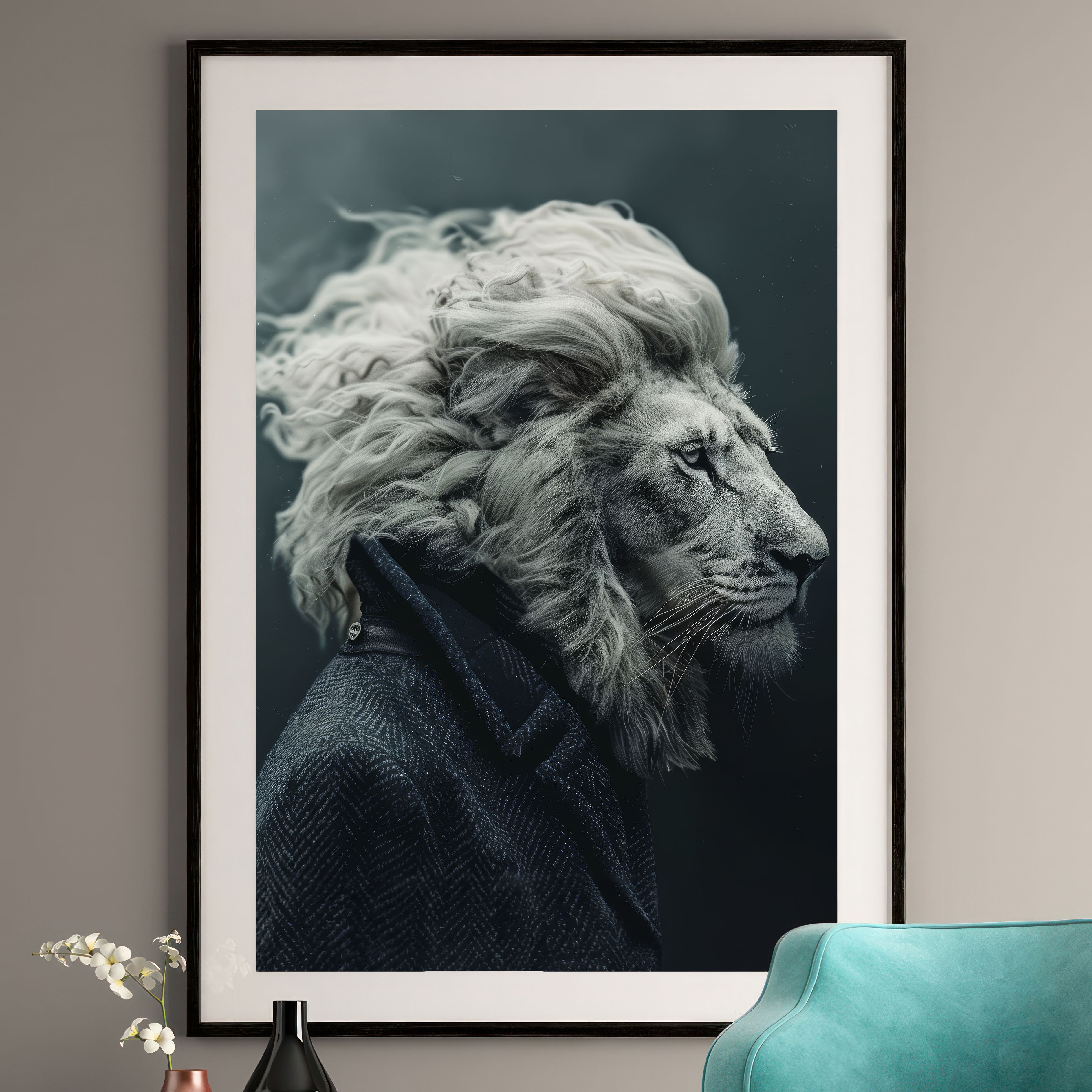 Majestic Lion in Trench Coat Art Print - Wildlife Wall Art