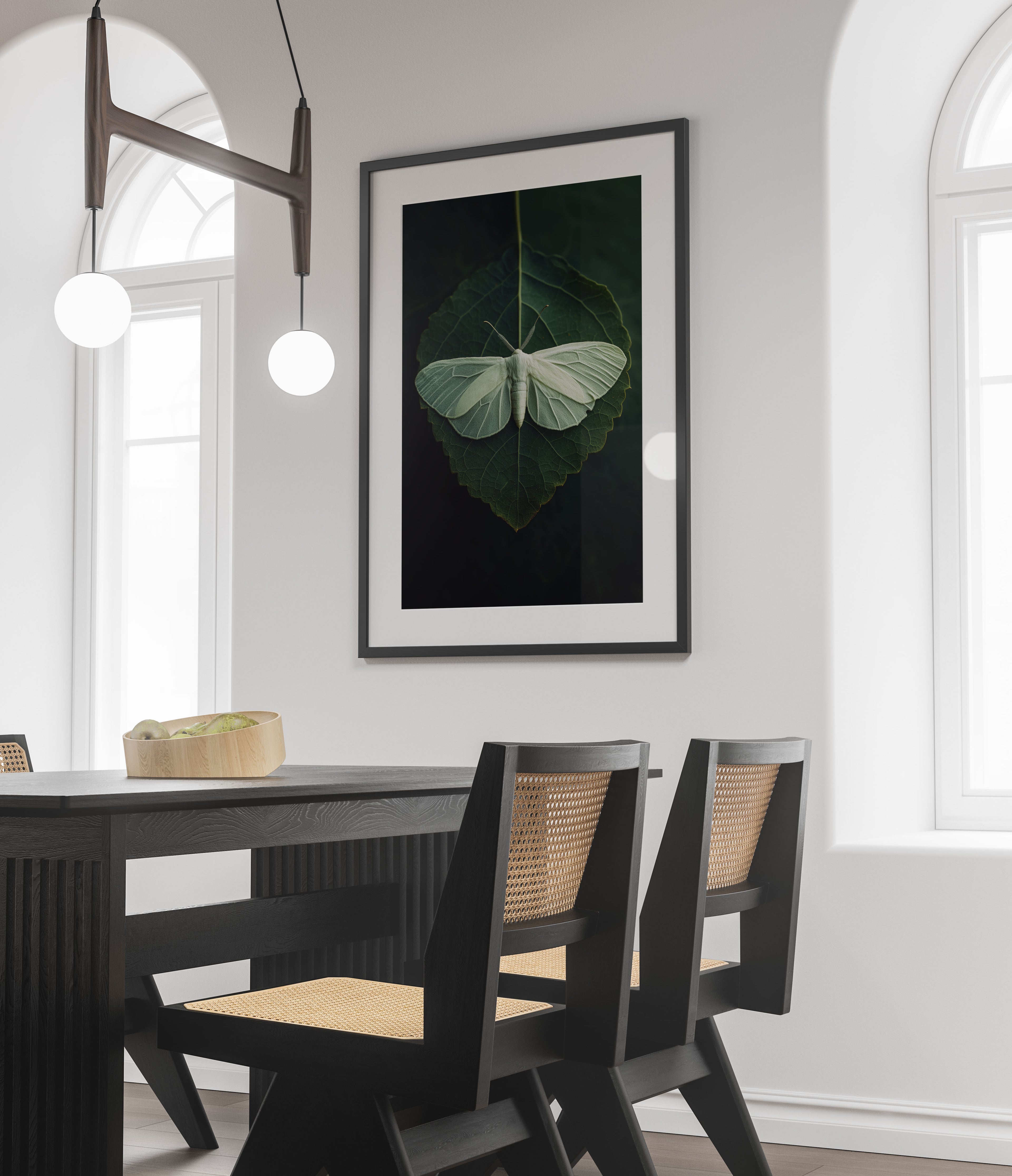 Ethereal Moth on Leaf Art Print – Minimalist Green Botanical Wall Decor