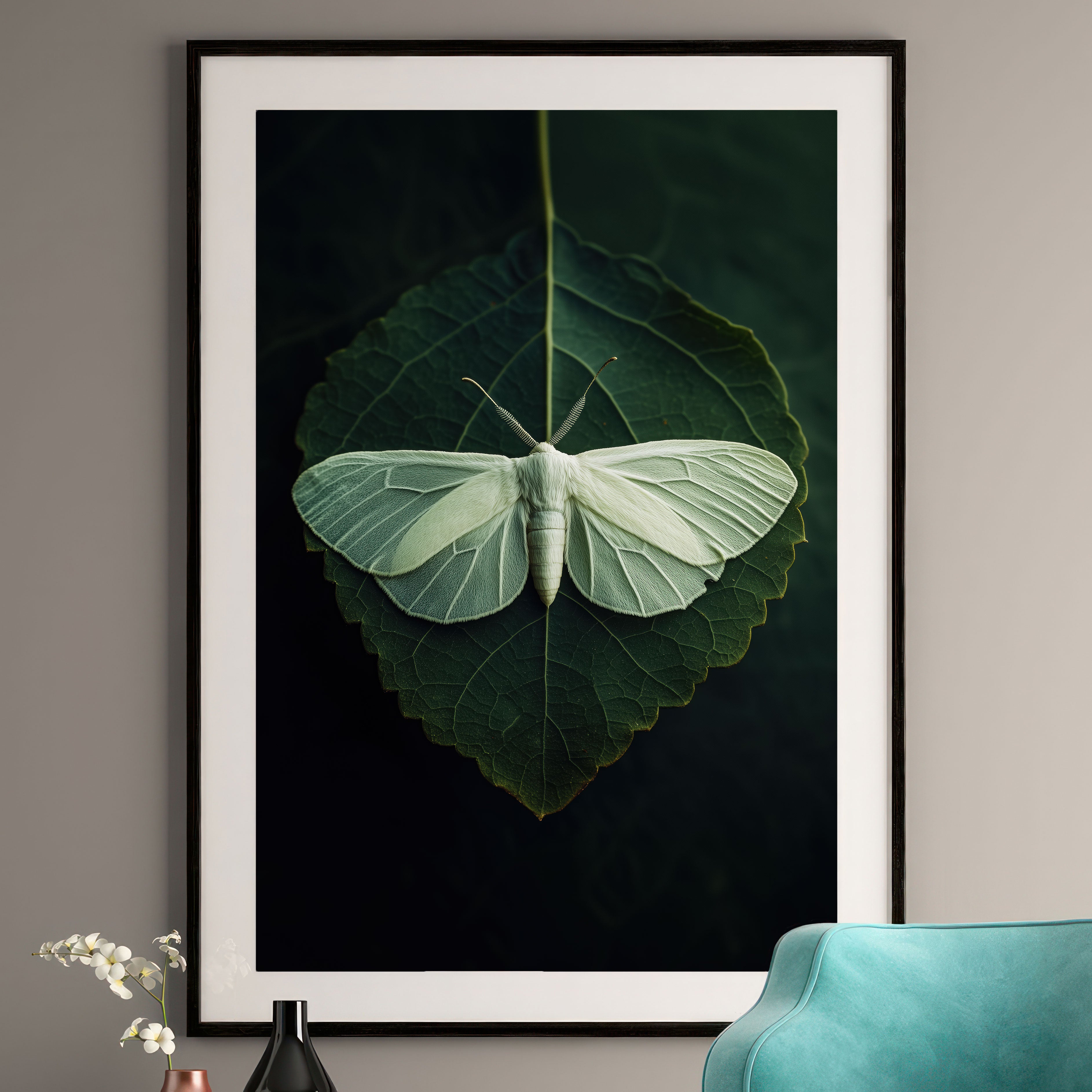 Ethereal Moth on Leaf Art Print – Minimalist Green Botanical Wall Decor