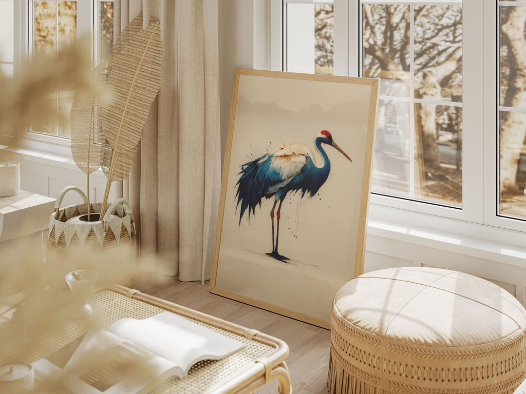 Blue Crane Art Print - Japanese Inspired Bird Wall Art