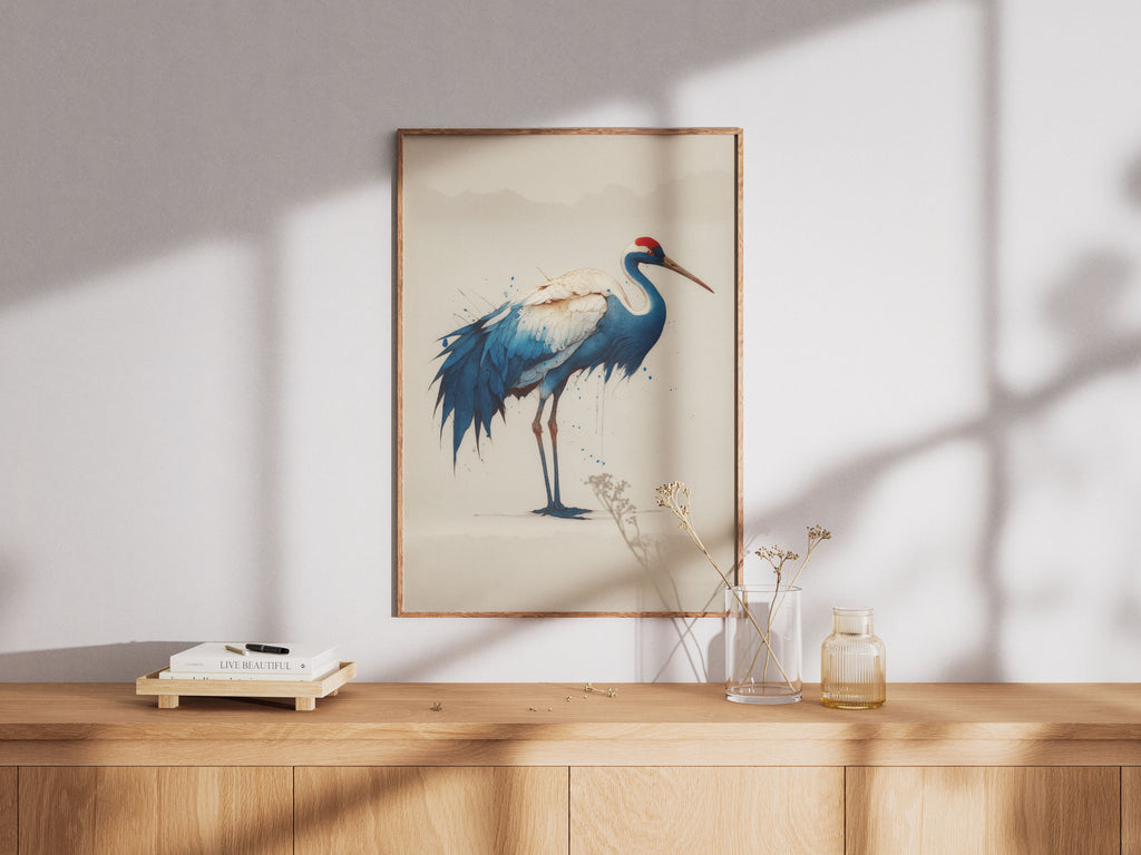 Blue Crane Art Print - Japanese Inspired Bird Wall Art