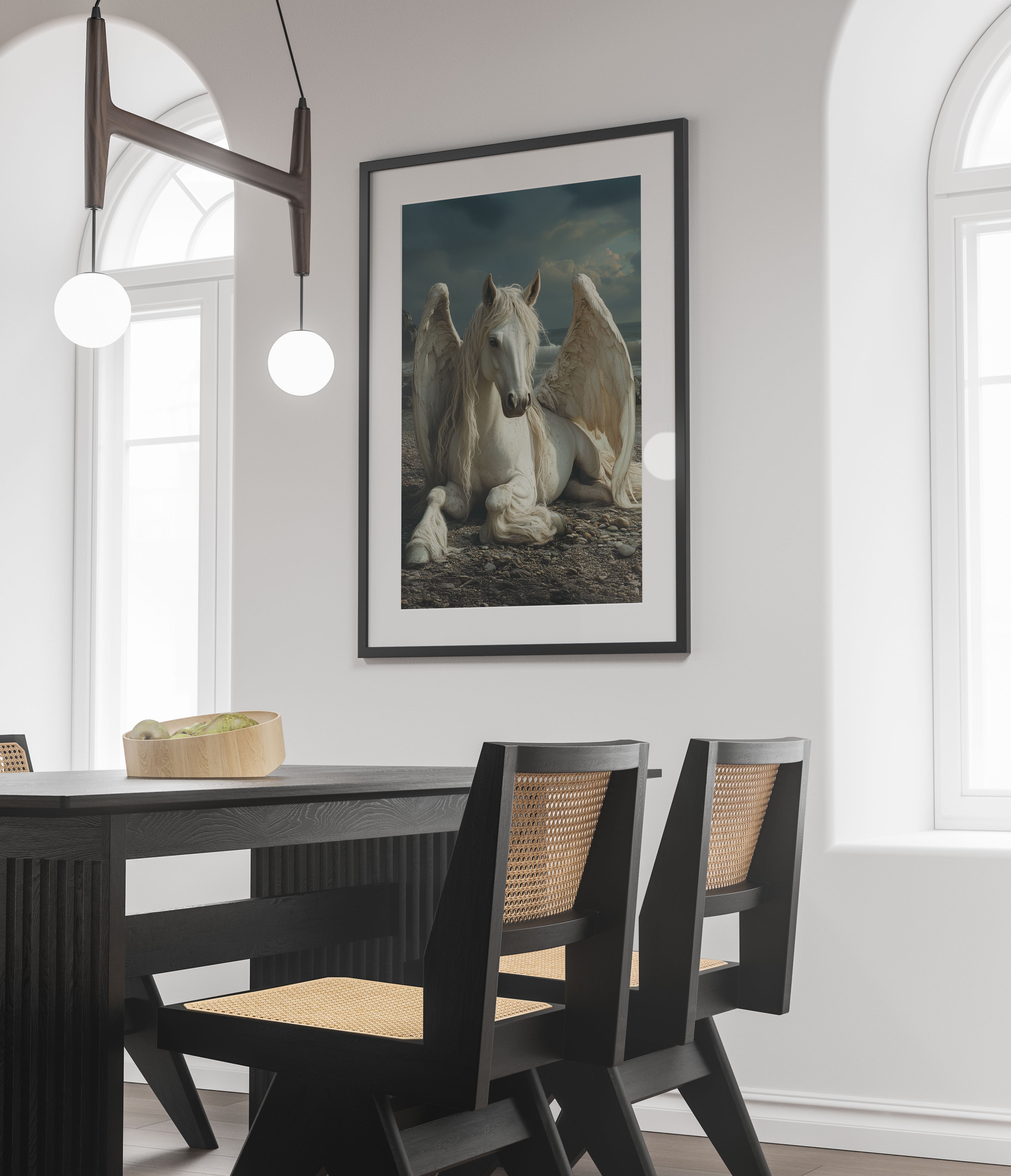 Mythical Pegasus Art Print – Winged Horse on Coastal Beach – Fantasy Wall Decor