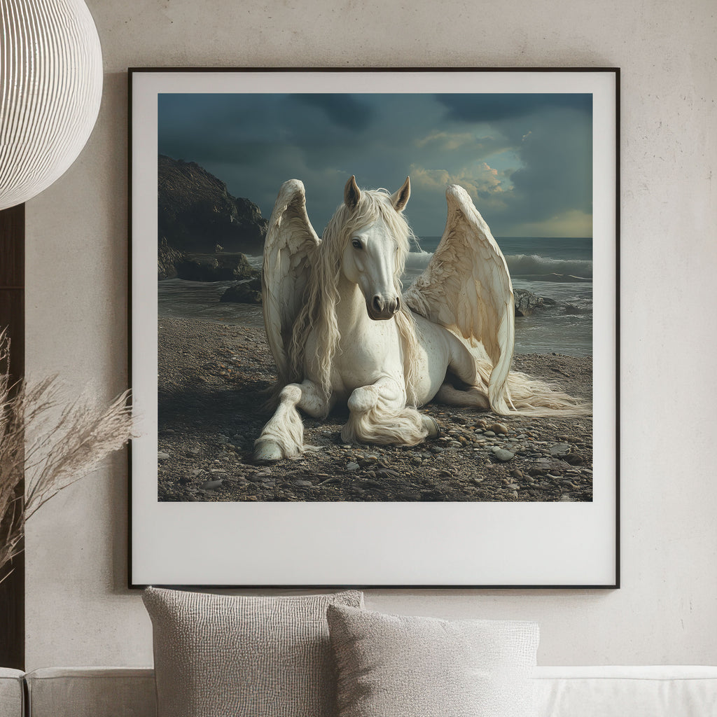 Mythical Pegasus Art Print – Winged Horse on Coastal Beach – Fantasy Wall Decor