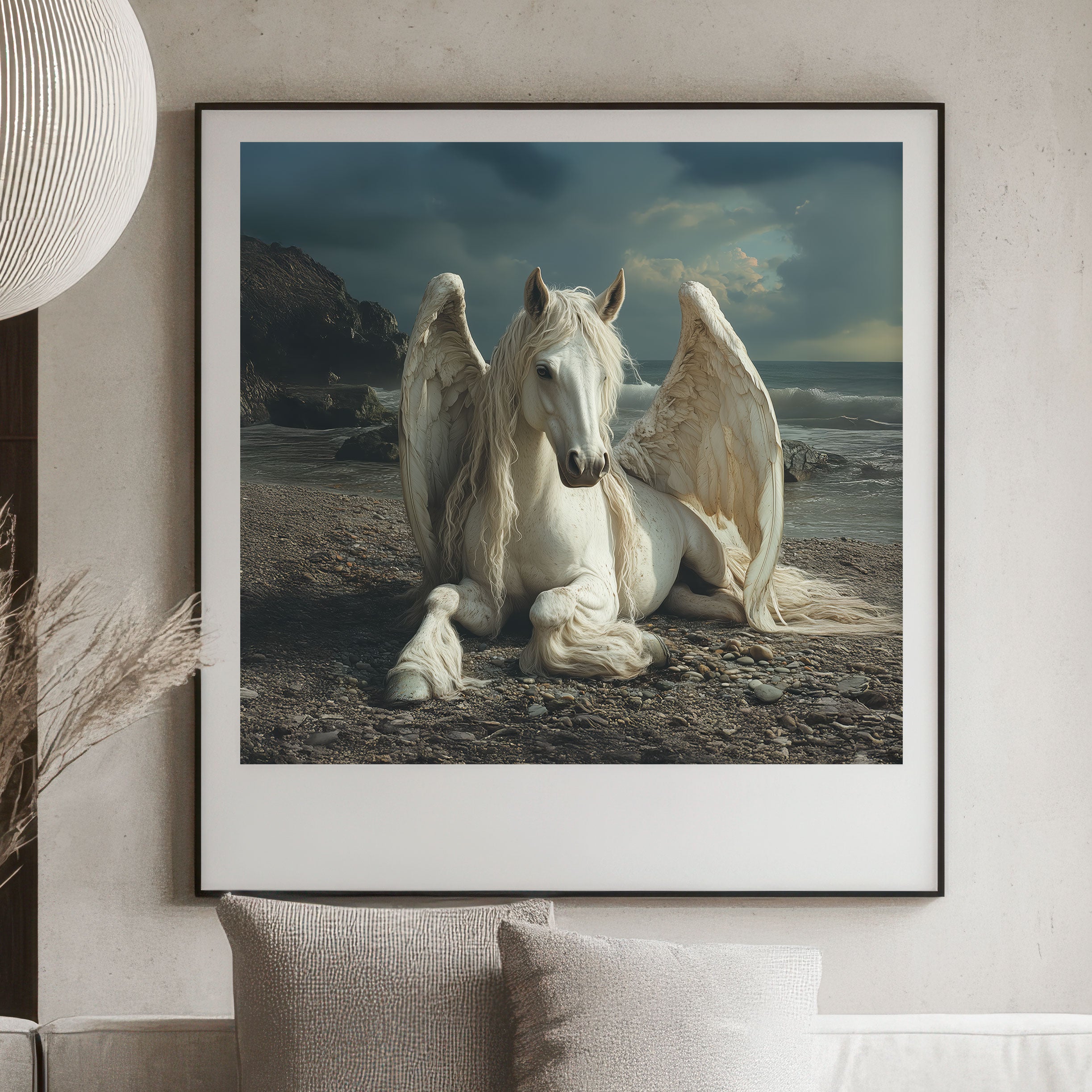 Mythical Pegasus Art Print – Winged Horse on Coastal Beach – Fantasy Wall Decor