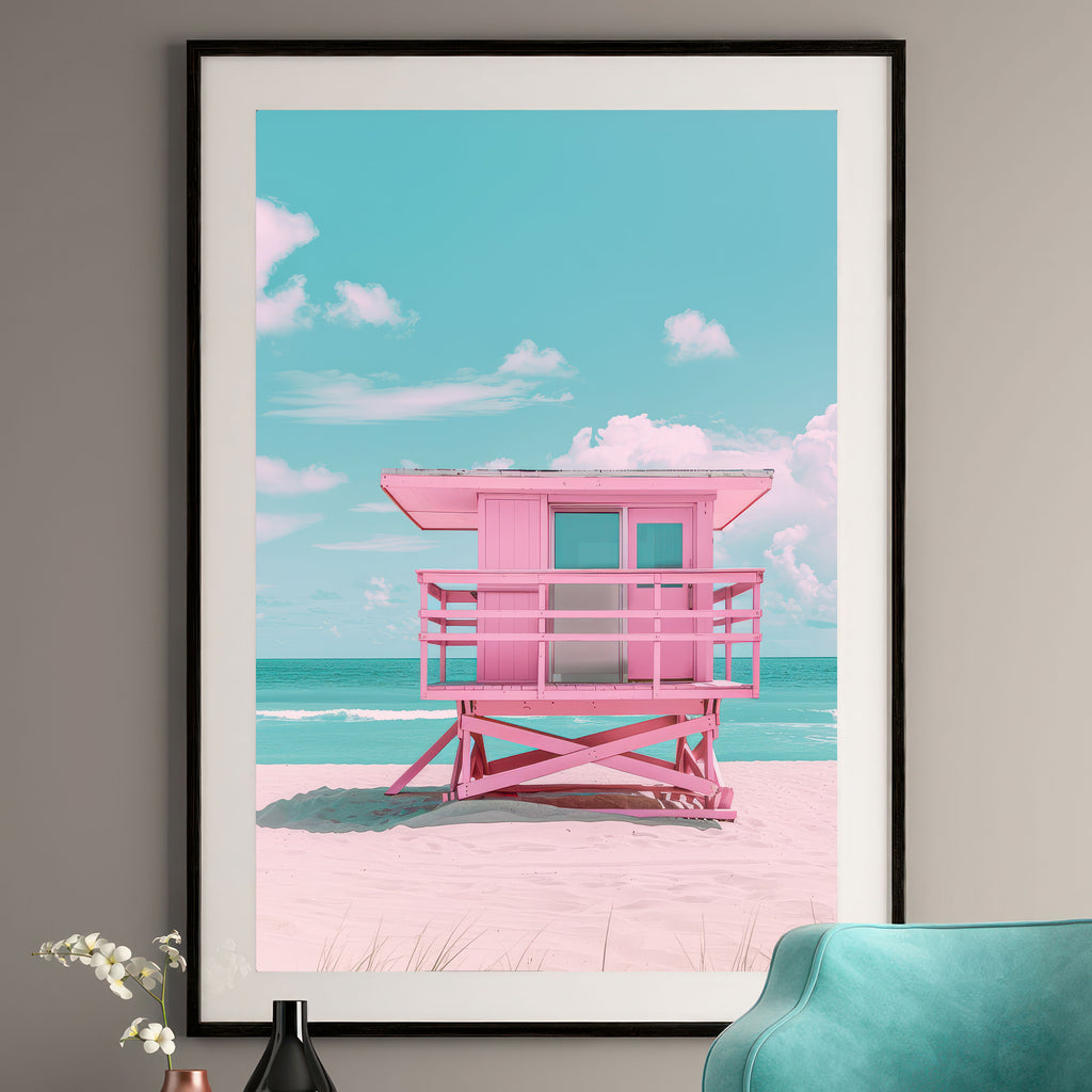 Pink Lifeguard Tower Print - Pastel Beach Decor - Coastal Wall Art
