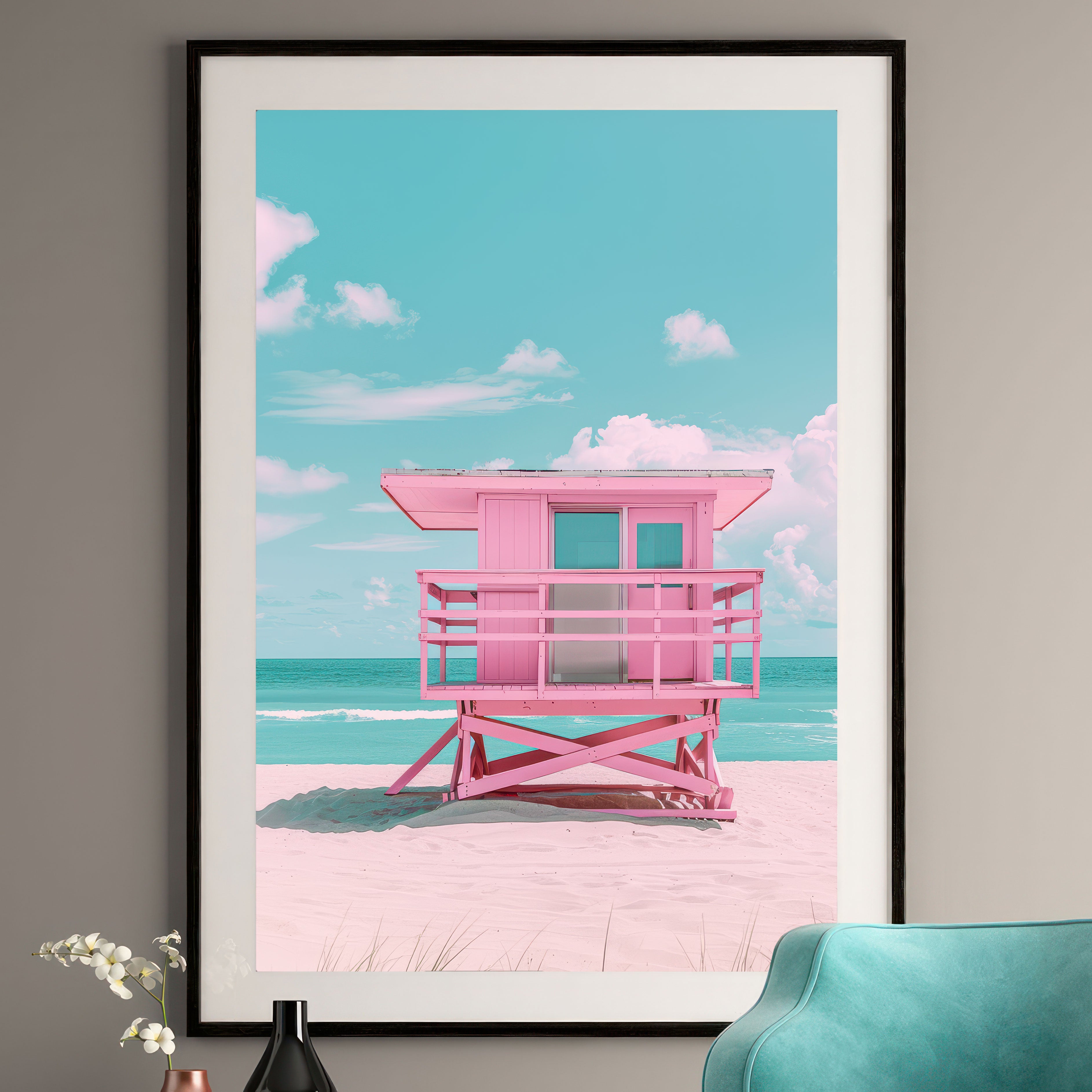 Pink Lifeguard Tower Print - Pastel Beach Decor - Coastal Wall Art