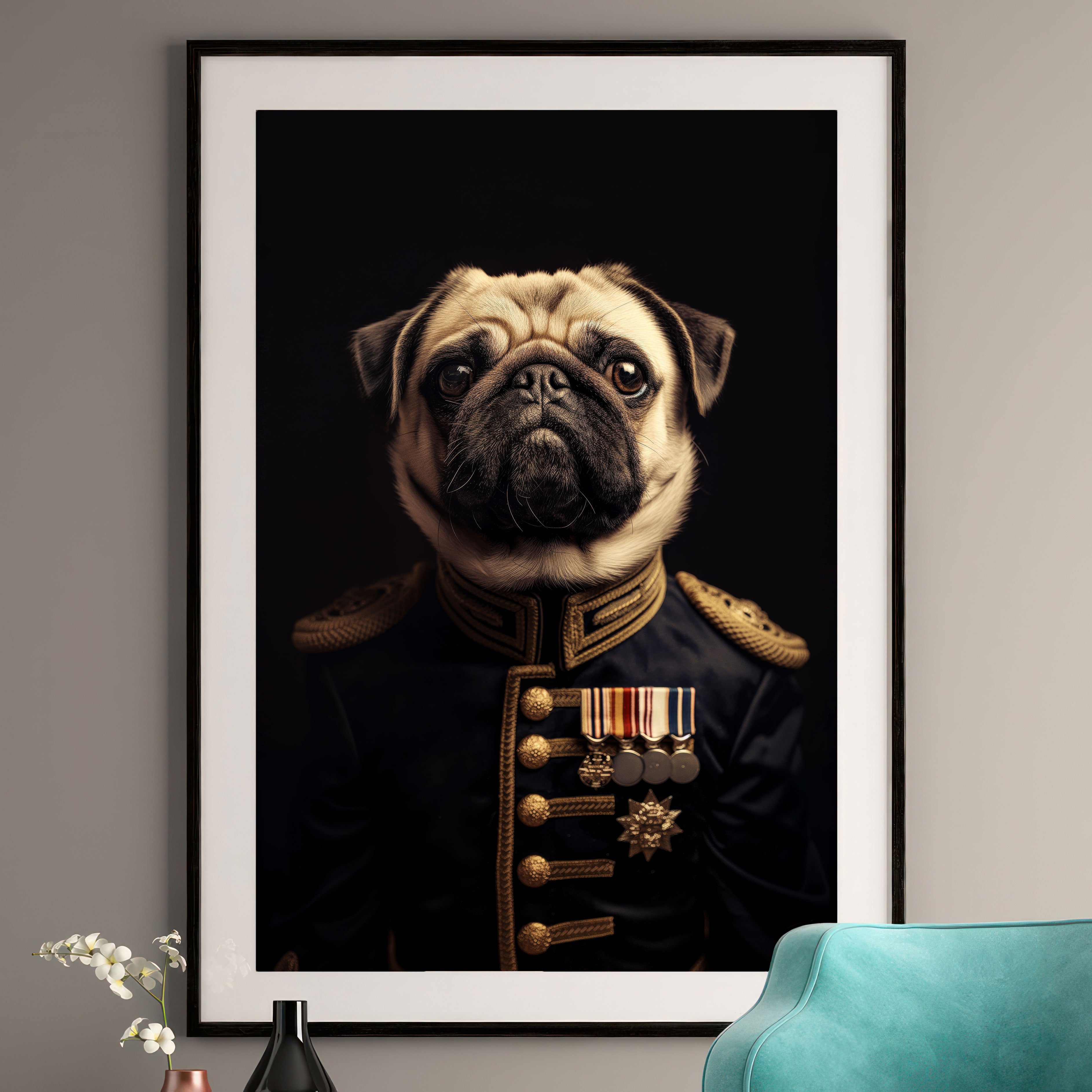 Pug in Military Uniform Art Print - Funny Dog Wall Art