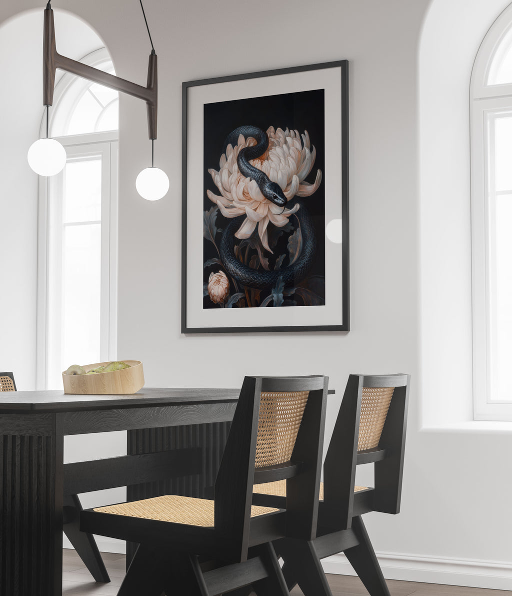 Black Snake & Chrysanthemum Art Print | Dark Floral Decor