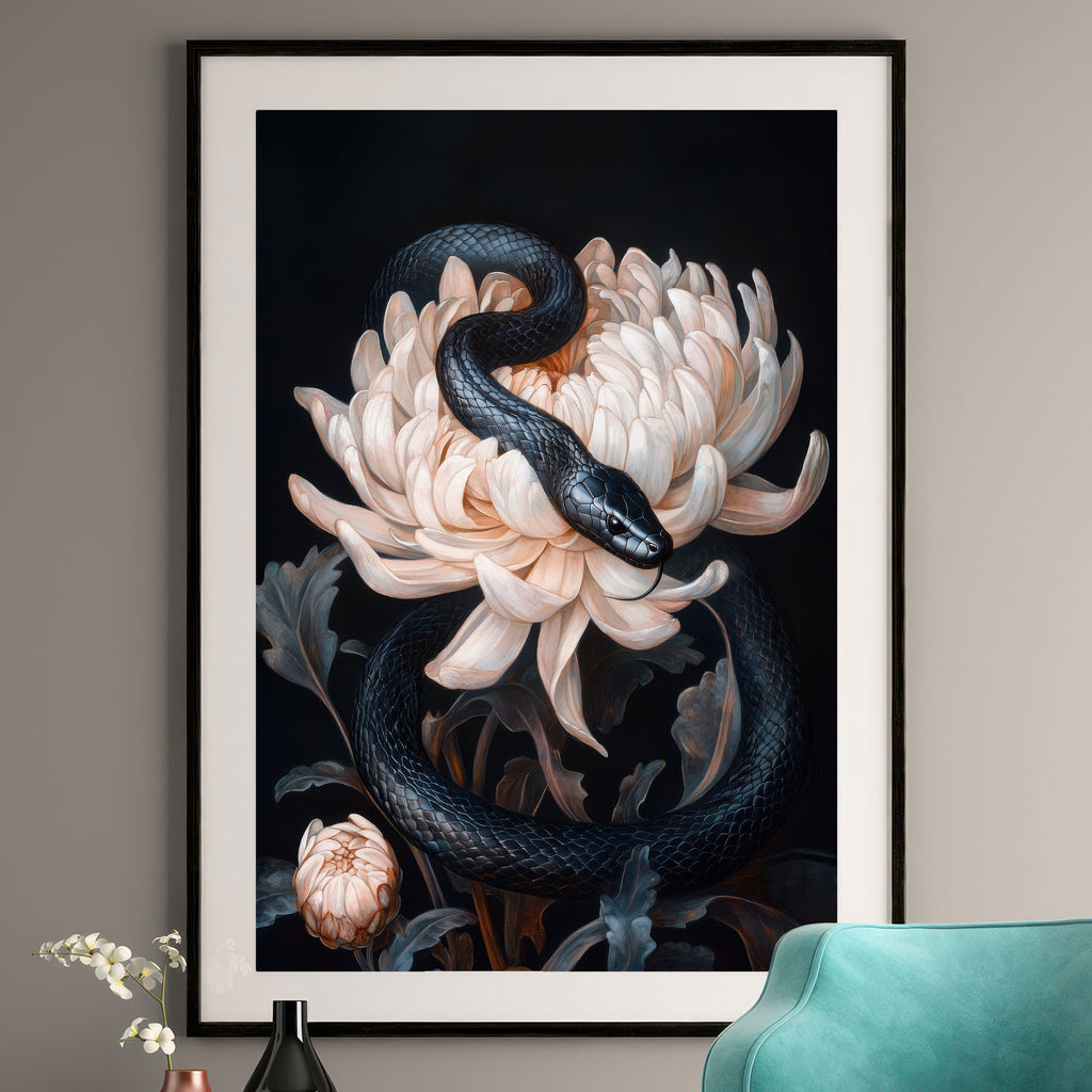 Black Snake & Chrysanthemum Art Print | Dark Floral Decor