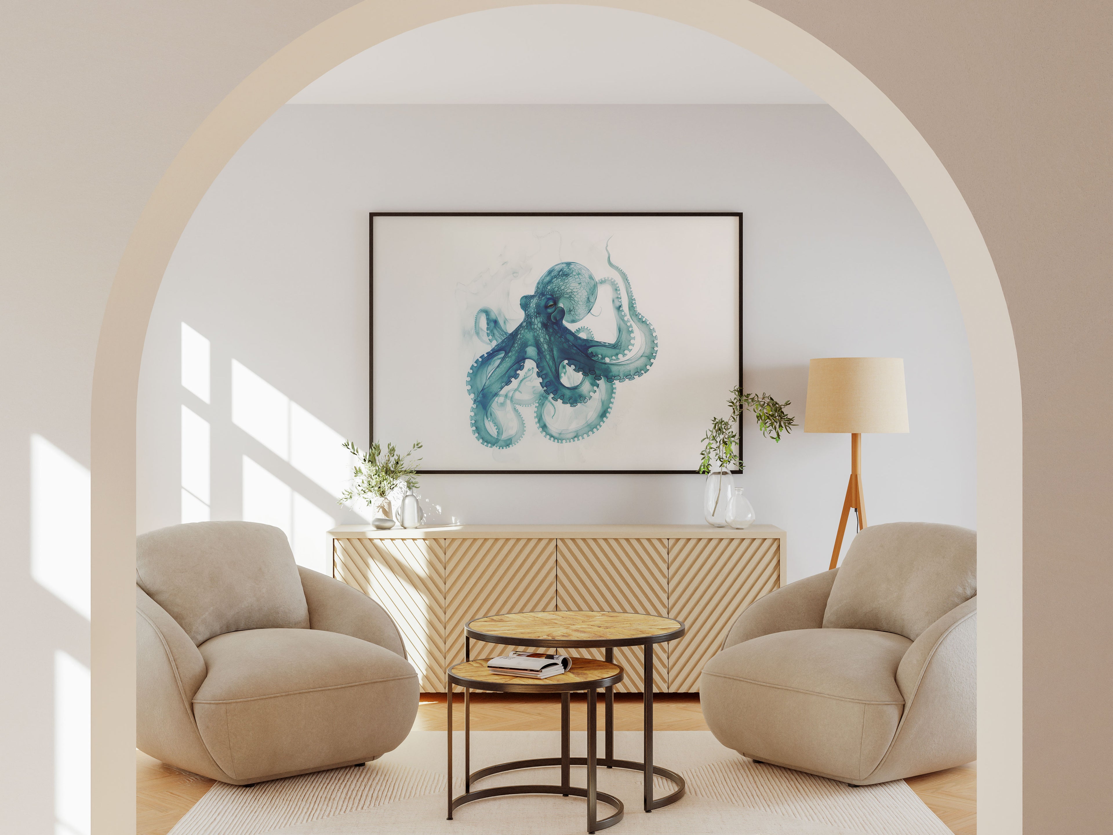 Octopus X-Ray Art Print Teal Landscape Edition - Ethereal Coastal Wall Decor