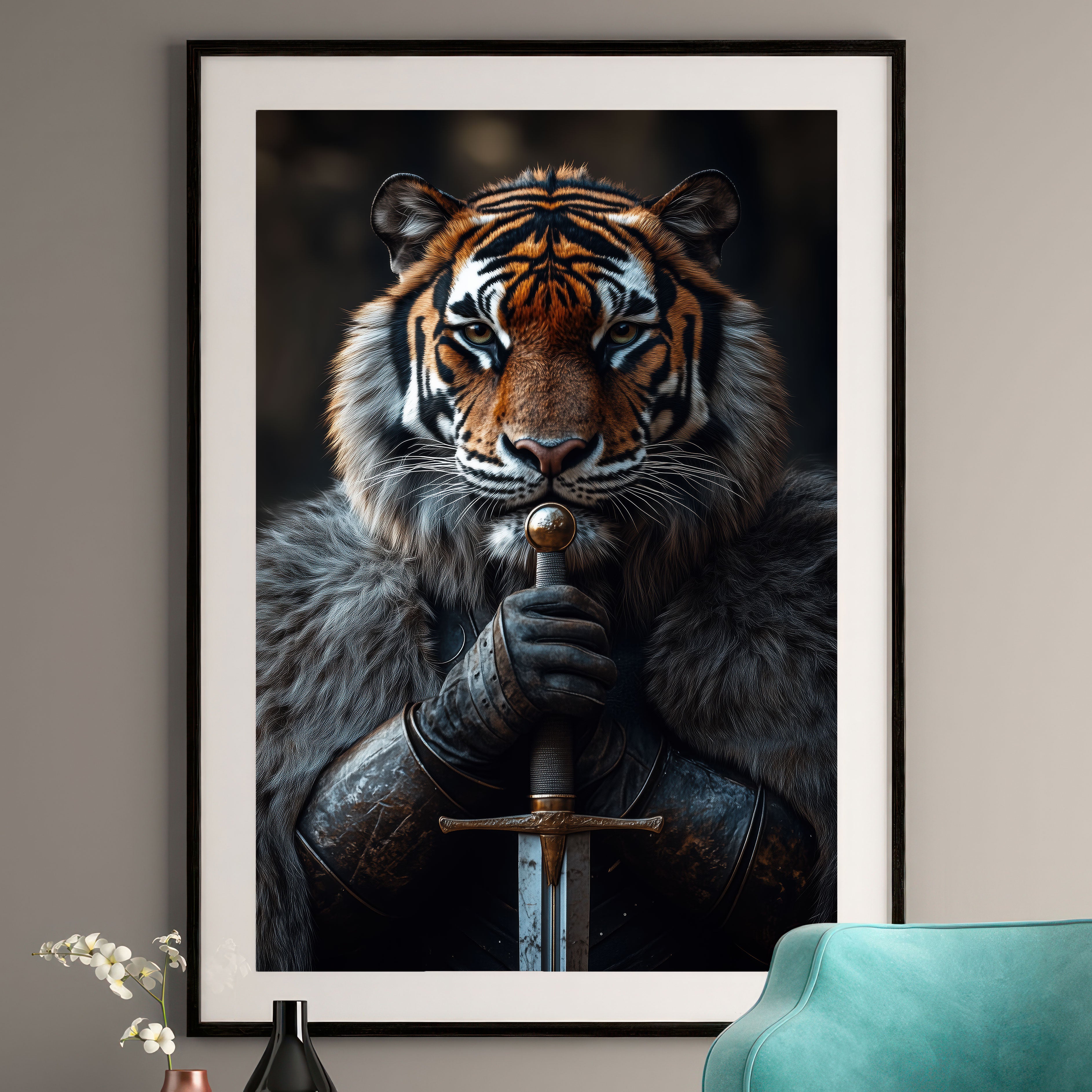 Regal Tiger Knight Art Print - Medieval Warrior Wall Art