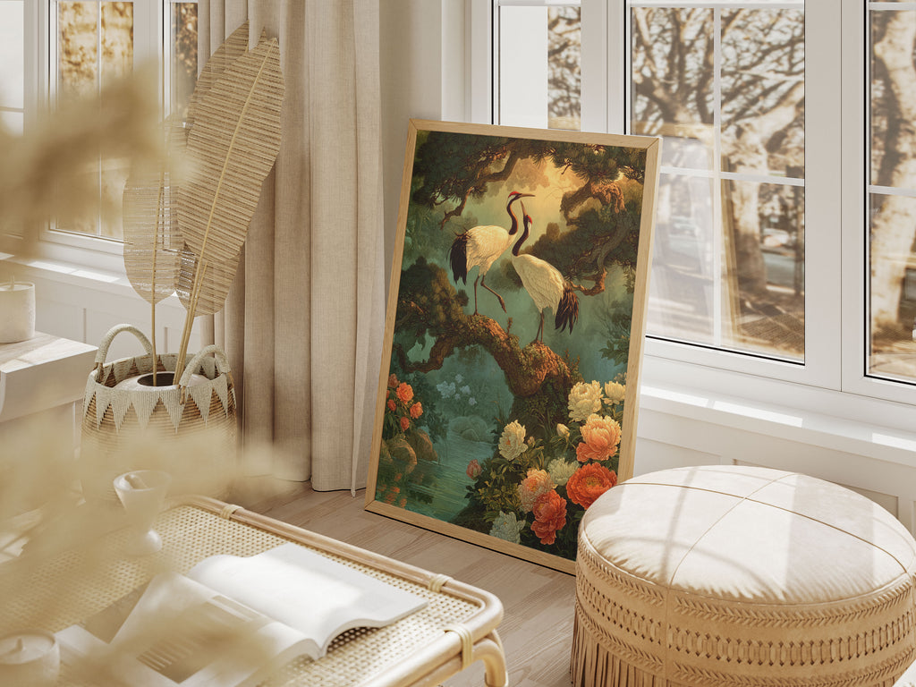 Japanese Crane Art Print - Vintage Bird & Peony Wall Art