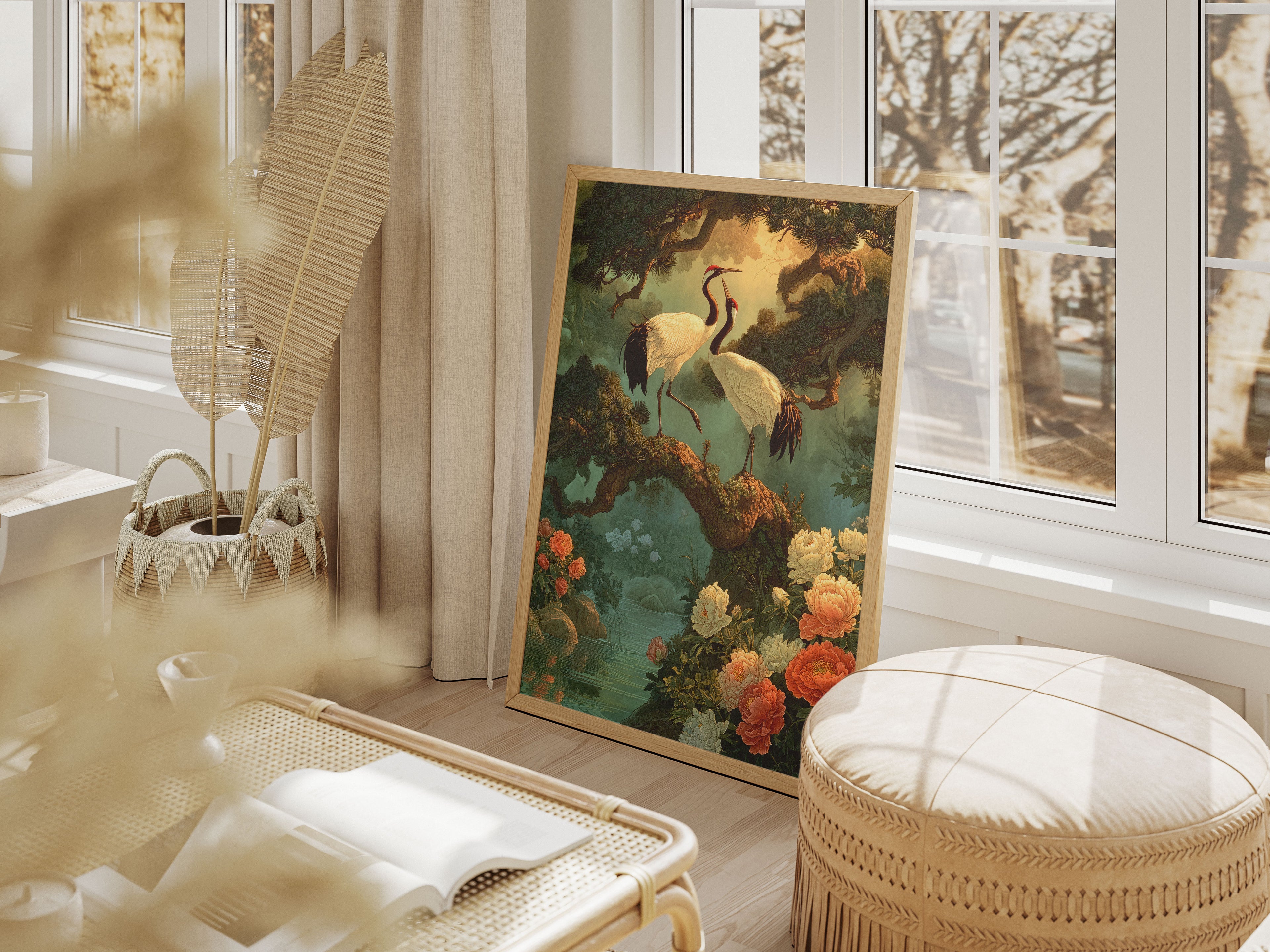 Japanese Crane Art Print - Vintage Bird & Peony Wall Art