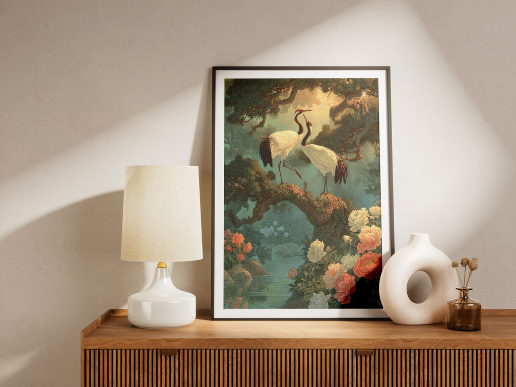 Japanese Crane Art Print - Vintage Bird & Peony Wall Art