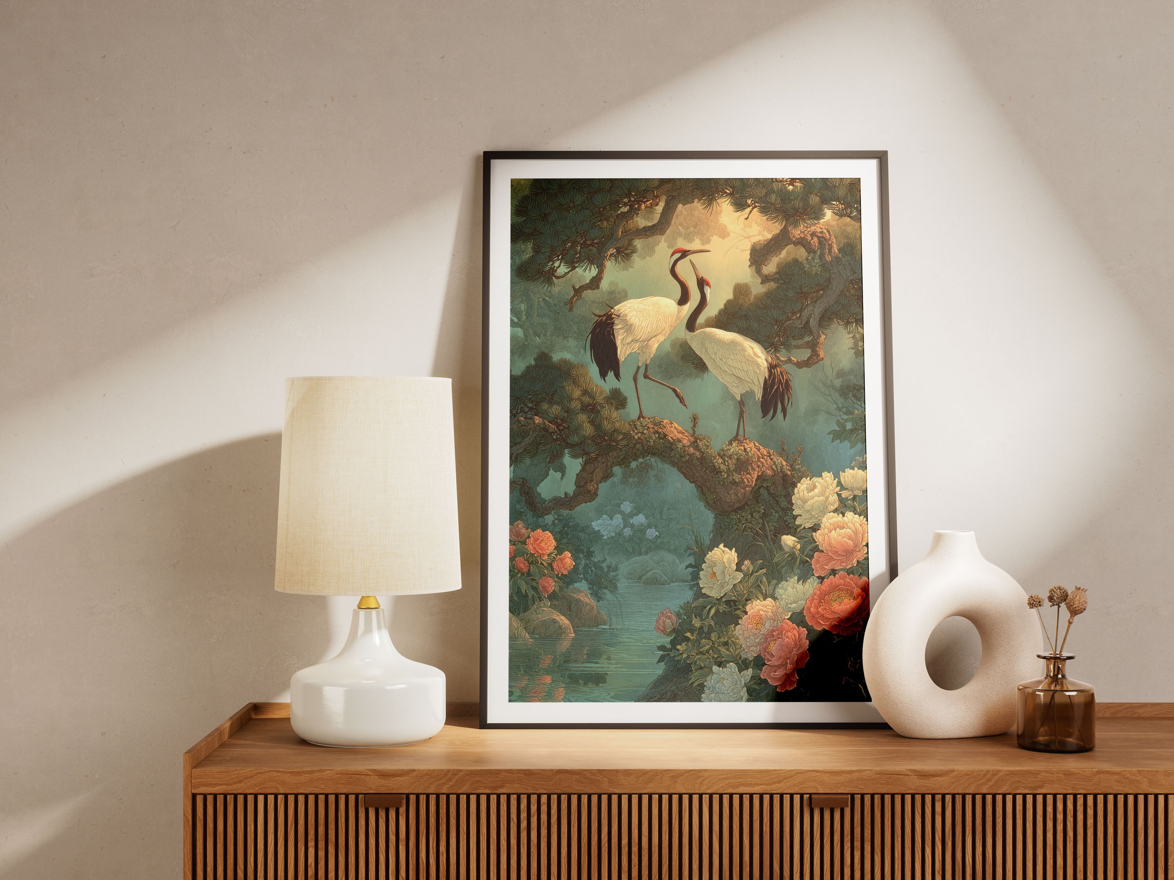 Japanese Crane Art Print - Vintage Bird & Peony Wall Art