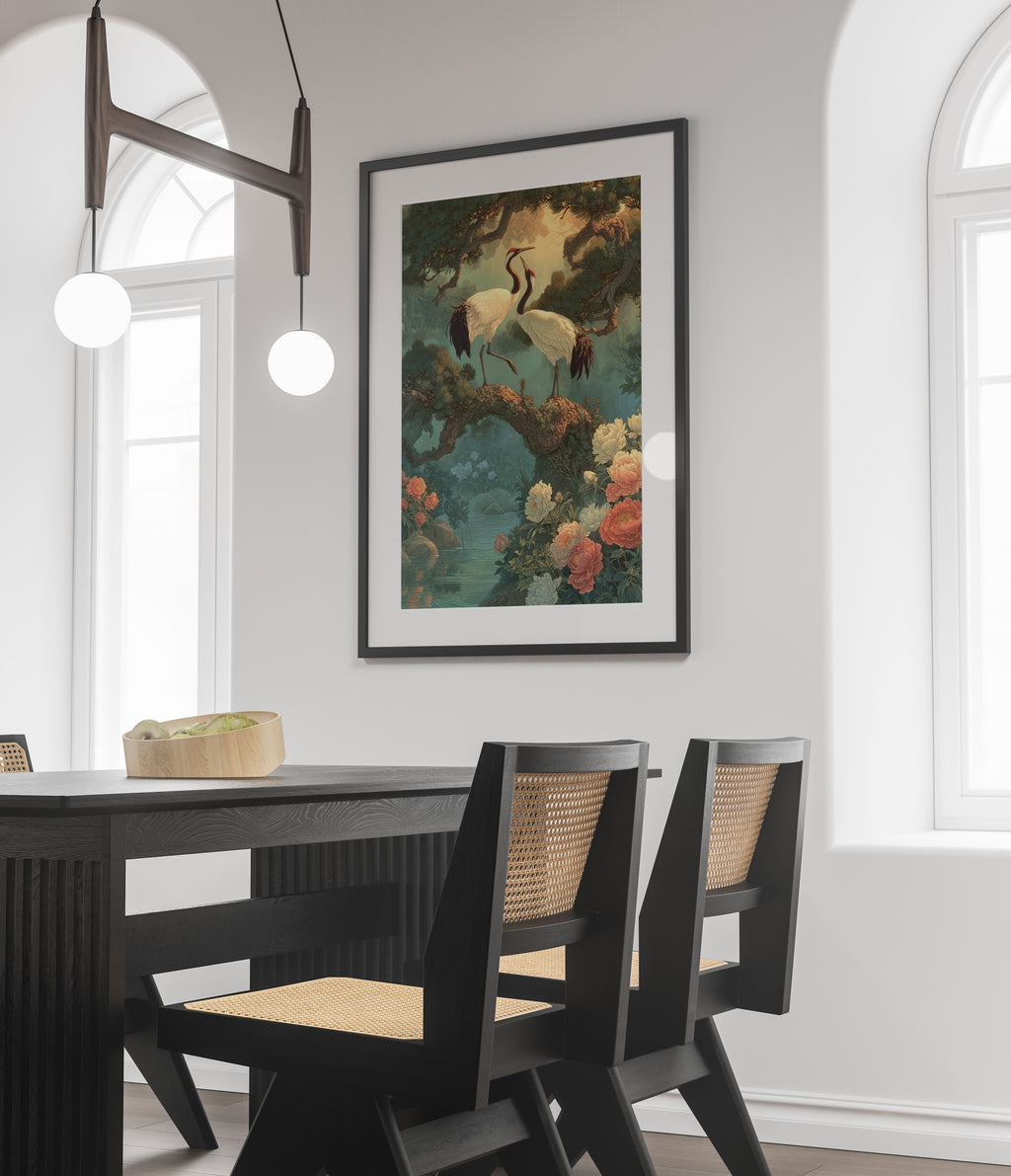 Japanese Crane Art Print - Vintage Bird & Peony Wall Art