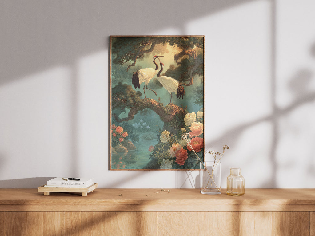 Japanese Crane Art Print - Vintage Bird & Peony Wall Art