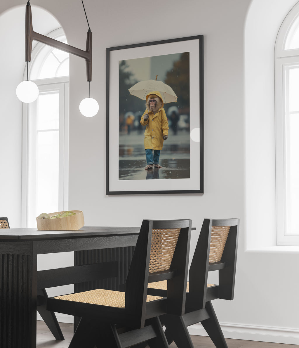 Monkey in the Rain Art Print - Whimsical Wall Art - Rainy Day Cityscape