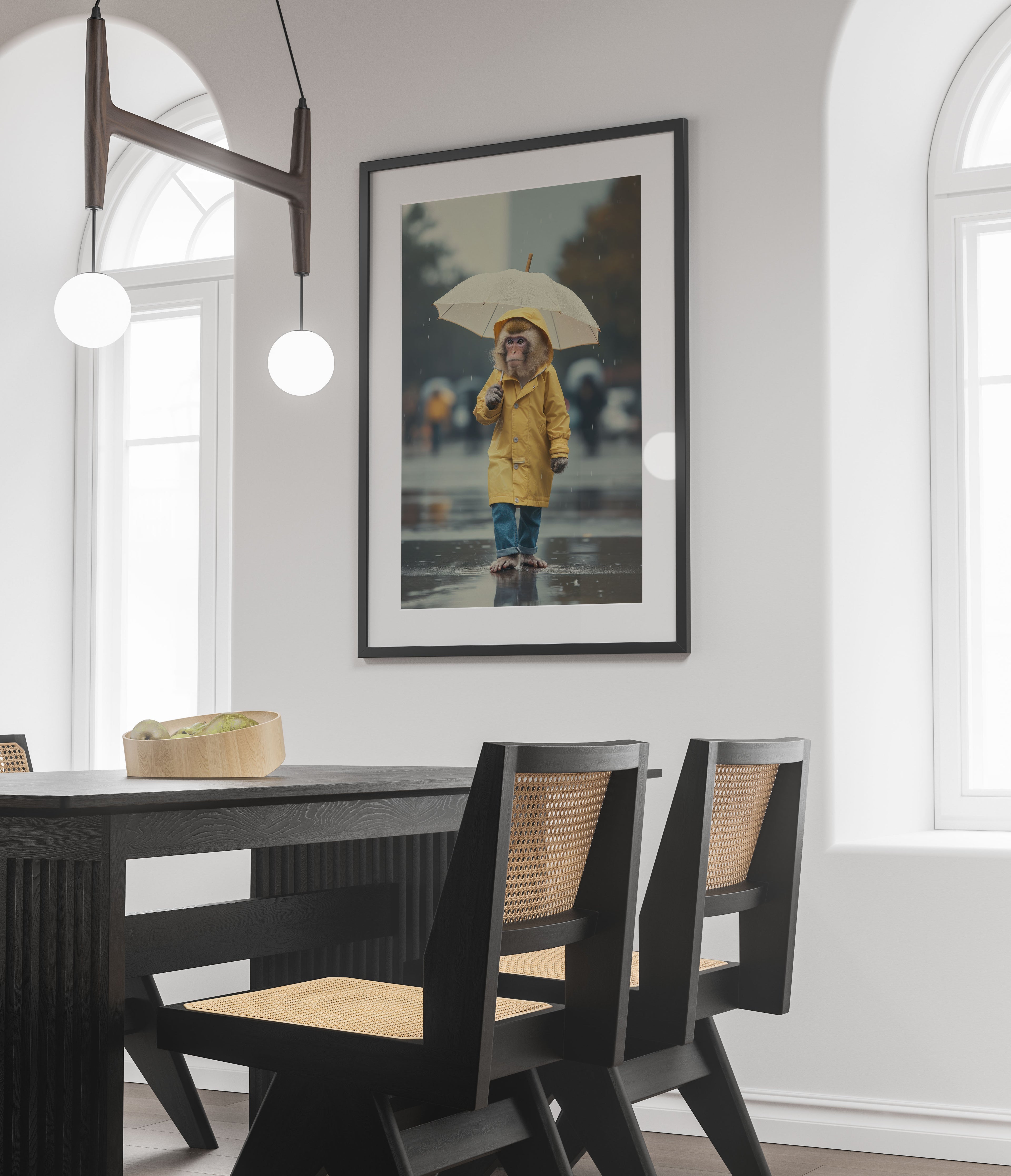 Monkey in the Rain Art Print - Whimsical Wall Art - Rainy Day Cityscape