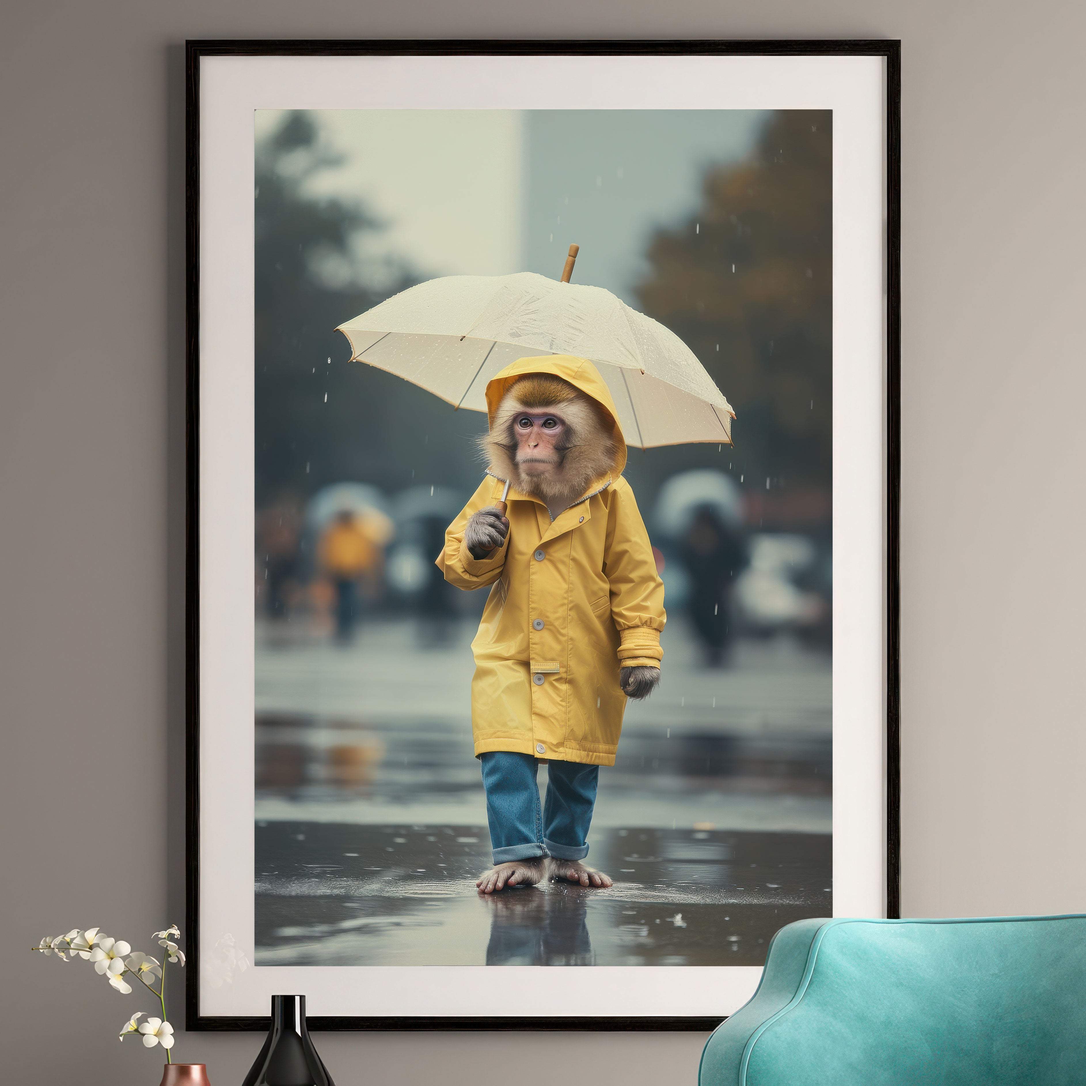 Monkey in the Rain Art Print - Whimsical Wall Art - Rainy Day Cityscape